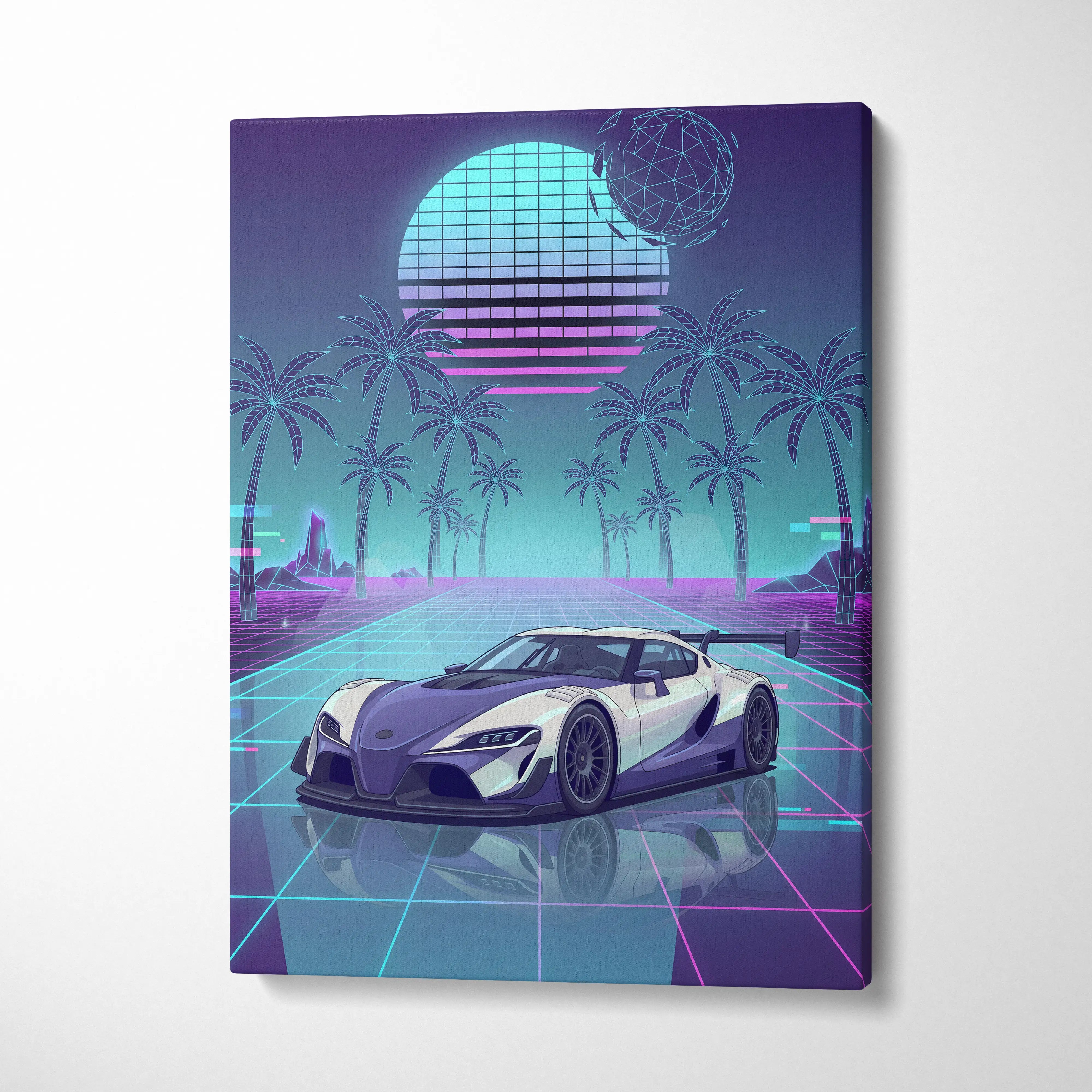 Toyota GR Supra Inspired White Teal Canvas Wall Art Vaporwave Sports Car Artwork Neon Palm Garage Decor Retro Futuristic JDM Print