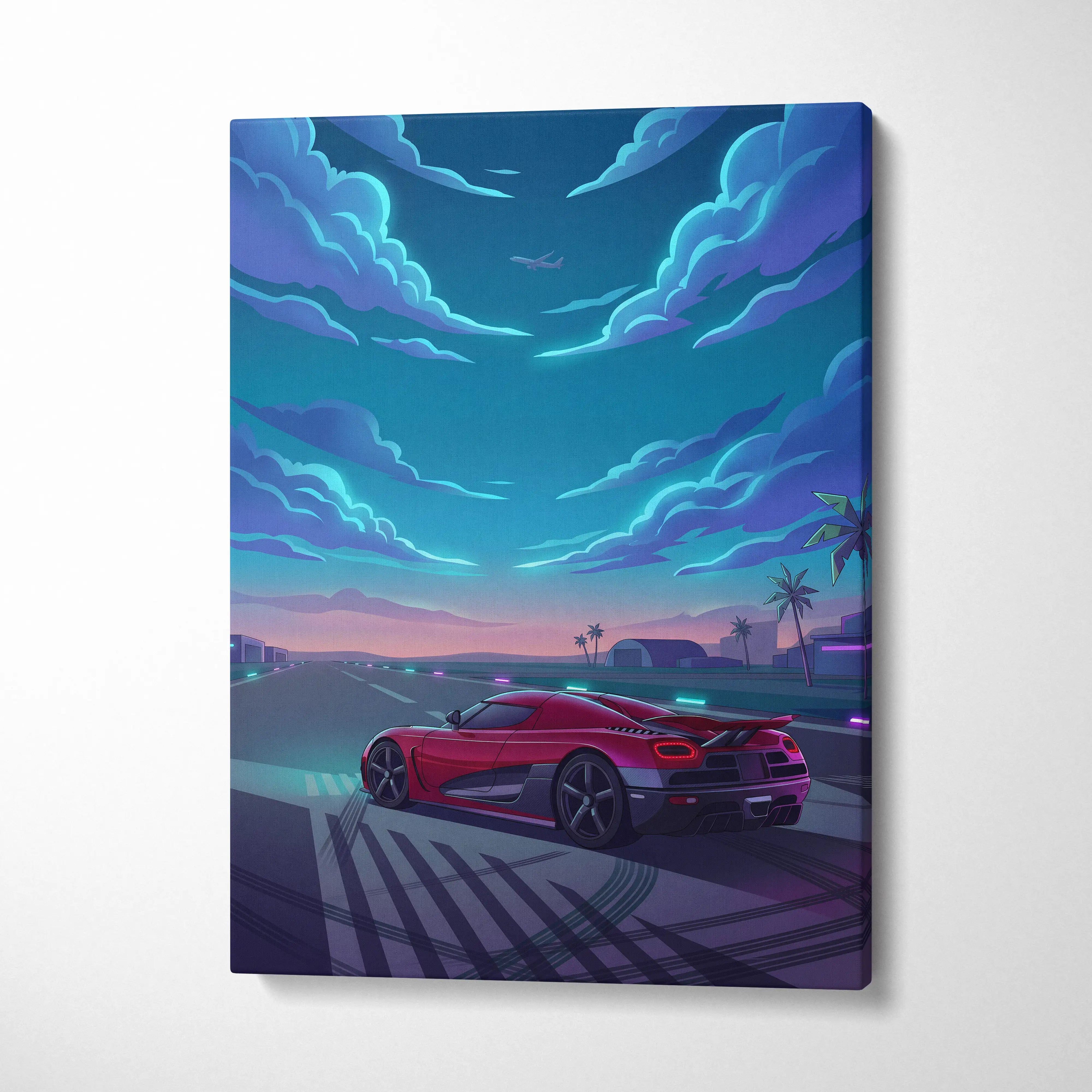 Koenigsegg Agera Inspired Red Blue Canvas Wall Art, Vaporwave Hypercar Artwork, Neon Runway Garage Decor, Retro Futuristic Exotic Print