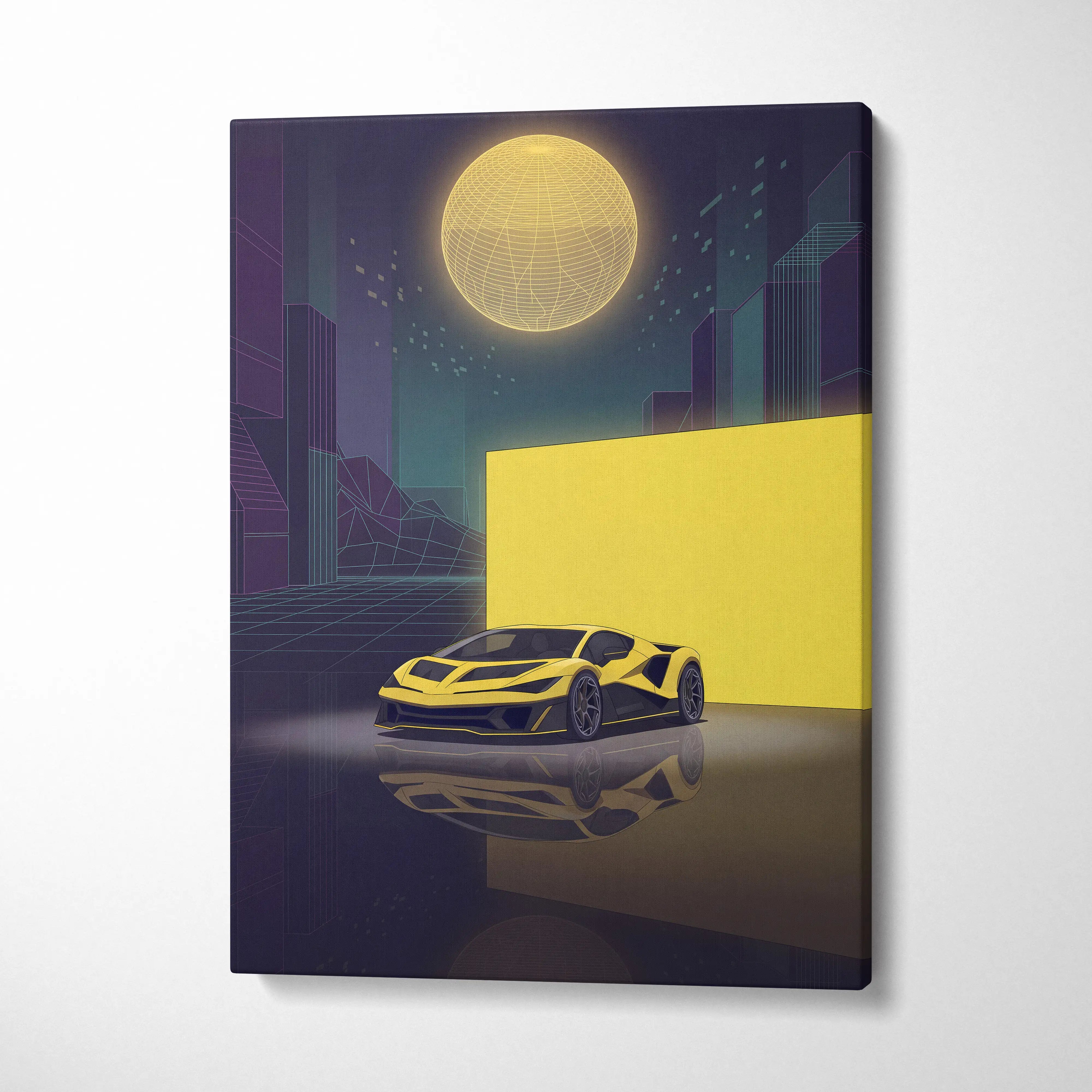 Hennessey Venom F5 Inspired Yellow Purple Canvas Wall Art, Vaporwave Supercar Artwork, Neon City Garage Decor, Retro Futuristic Exotic Print