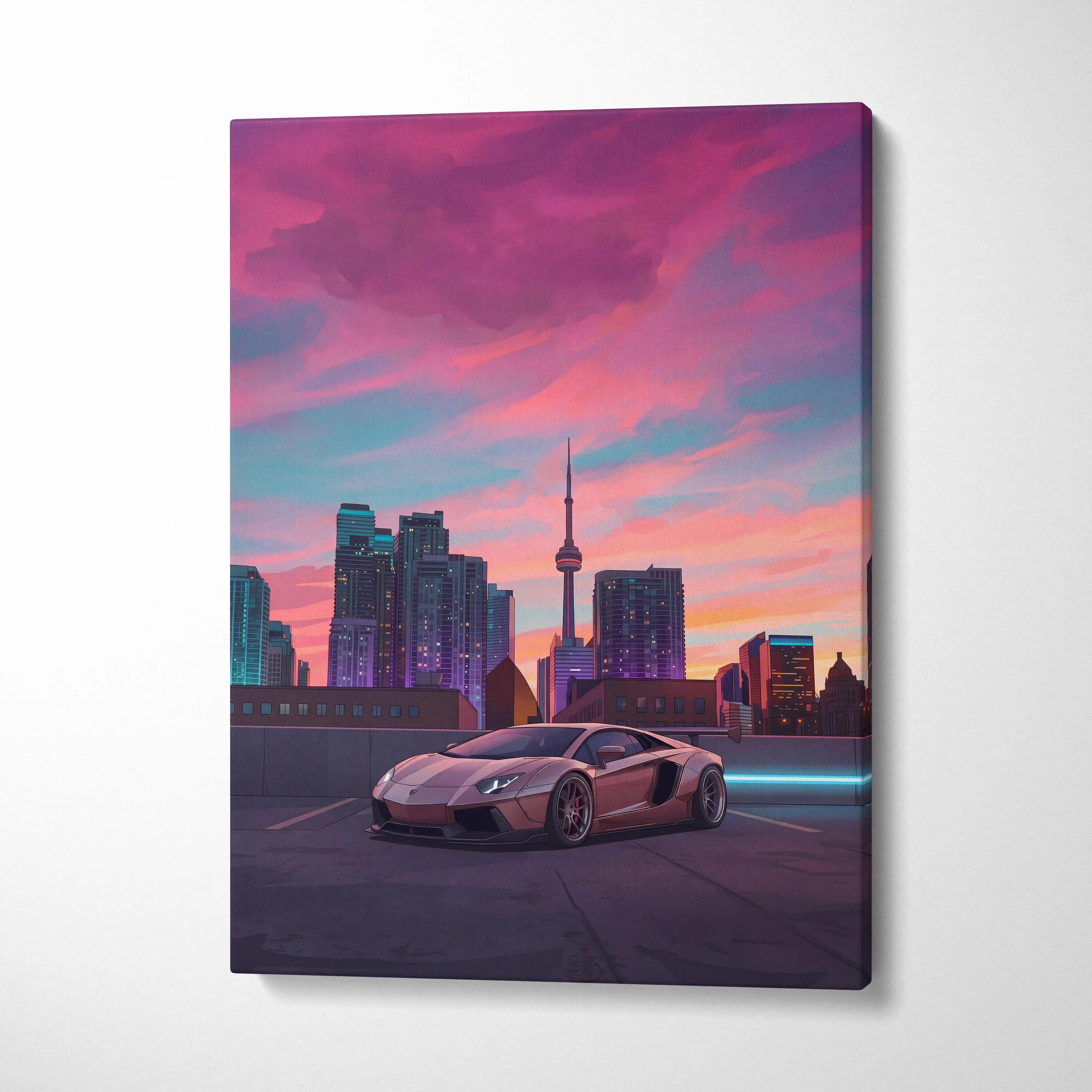 Lamborghini Aventador Inspired Pink Purple Canvas Wall Art, Vaporwave Supercar Artwork, Neon City Skyline Decor, Retro Futuristic Exotic Car Print