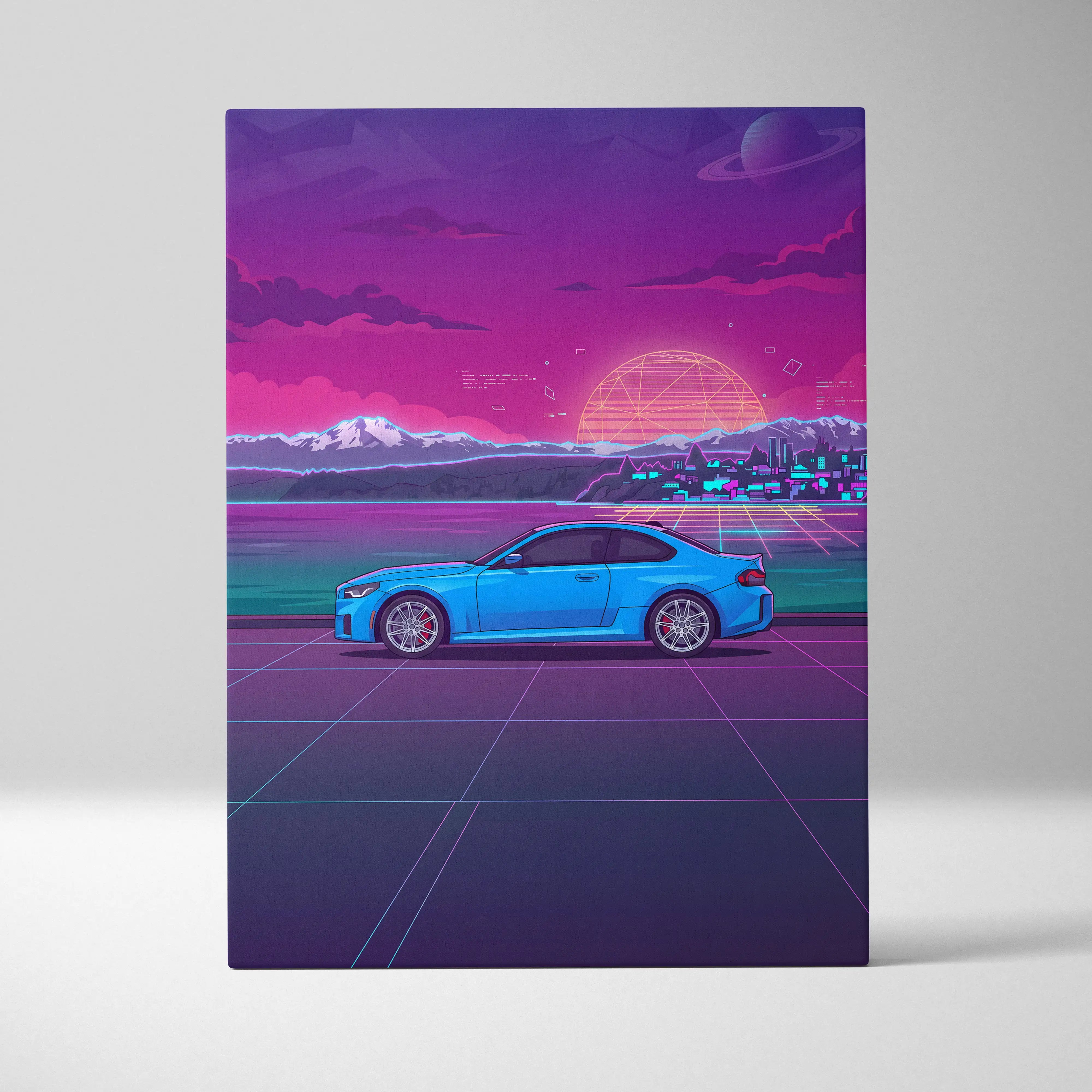 BMW M2 Inspired Vaporwave Car Canvas - Car Neon Purple Pink Blue Living Room Vaporwave Nostalgic Neon Glow Cityscape Grid Canvas Print