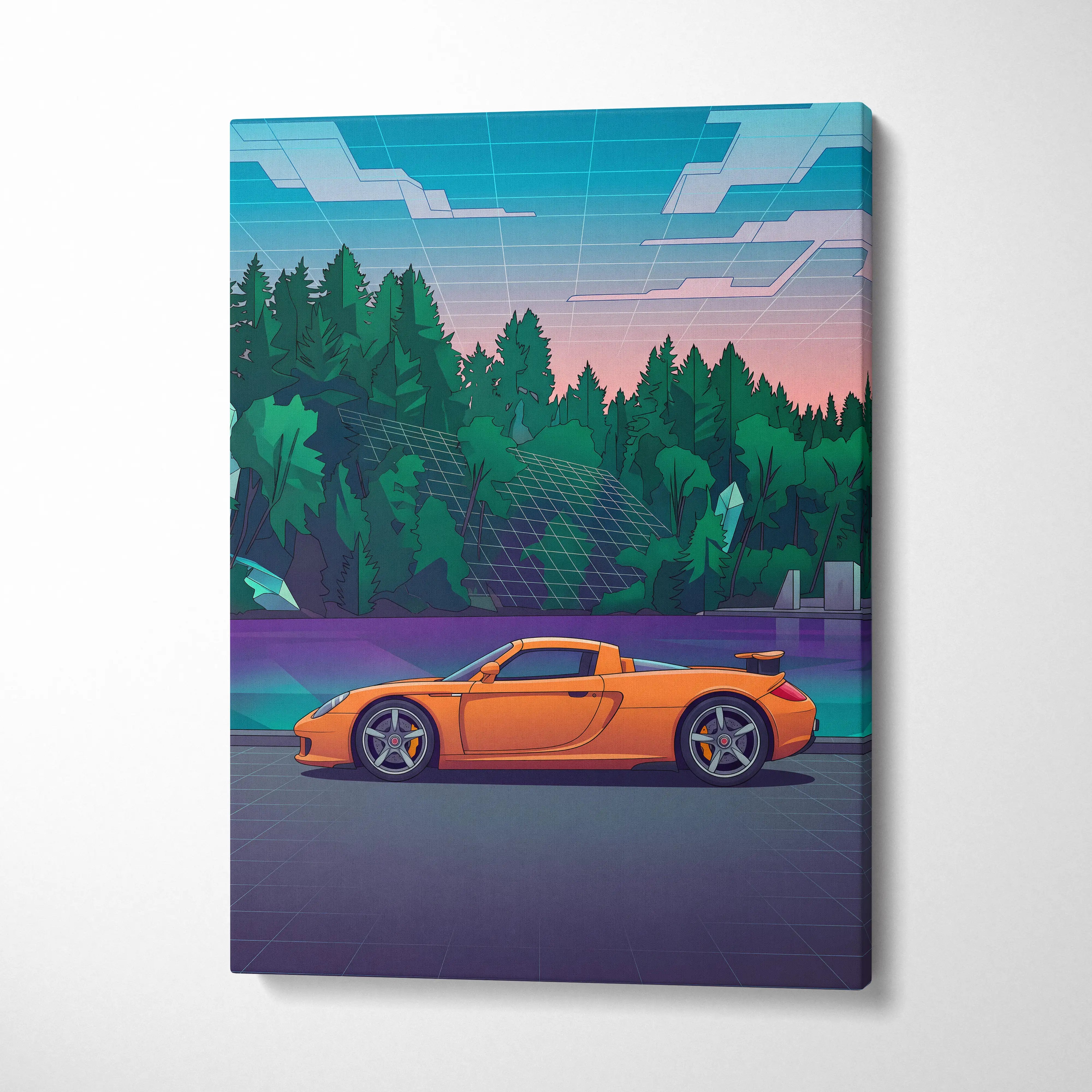 Porsche Carrera GT Inspired Vaporwave Car Canvas - Car Artwork Neon Blues Pinks Living Room Vaporwave Retro Futurism