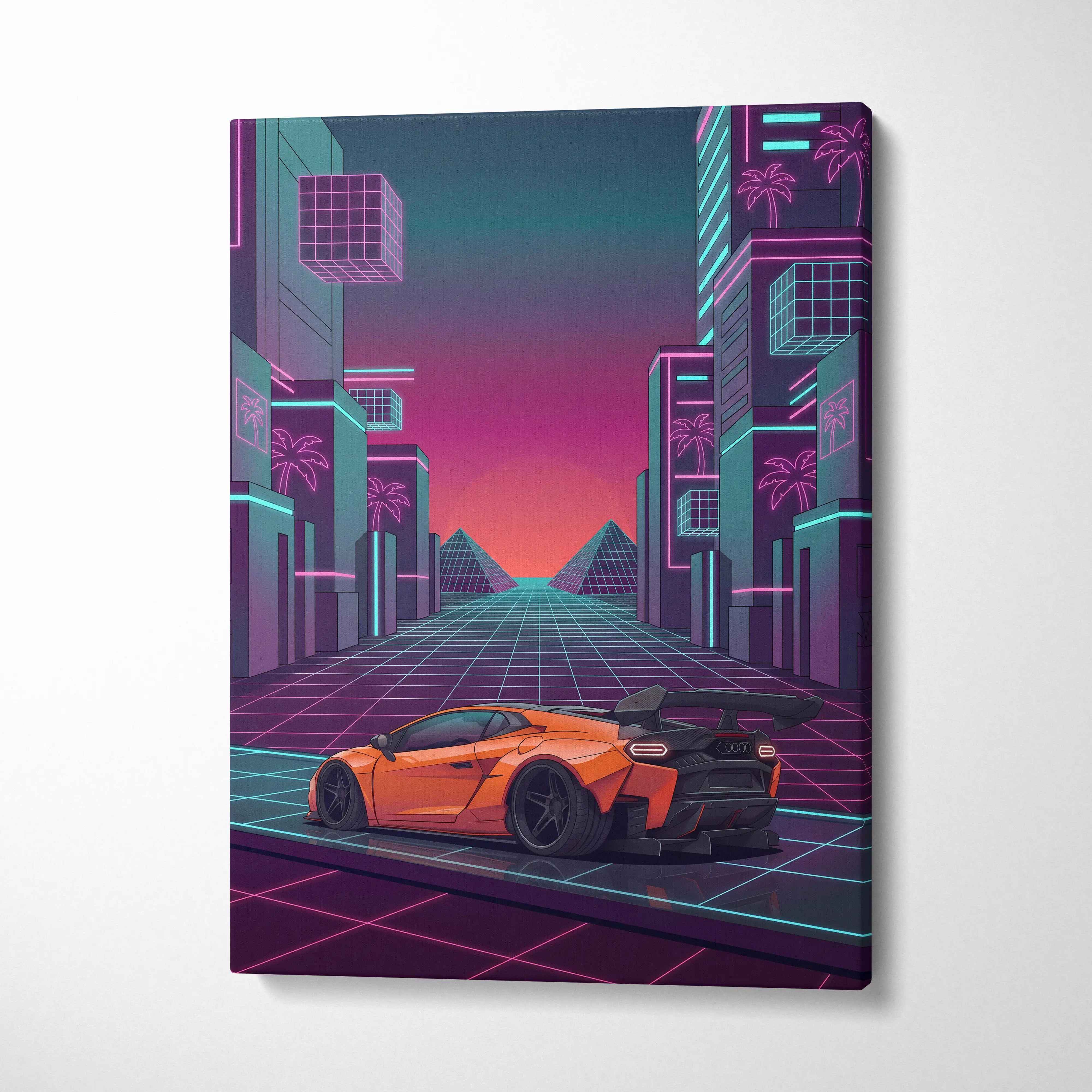 Lamborghini inspired orange pink canvas wall art featuring vibrant orange sports car with black accents in retro cityscape