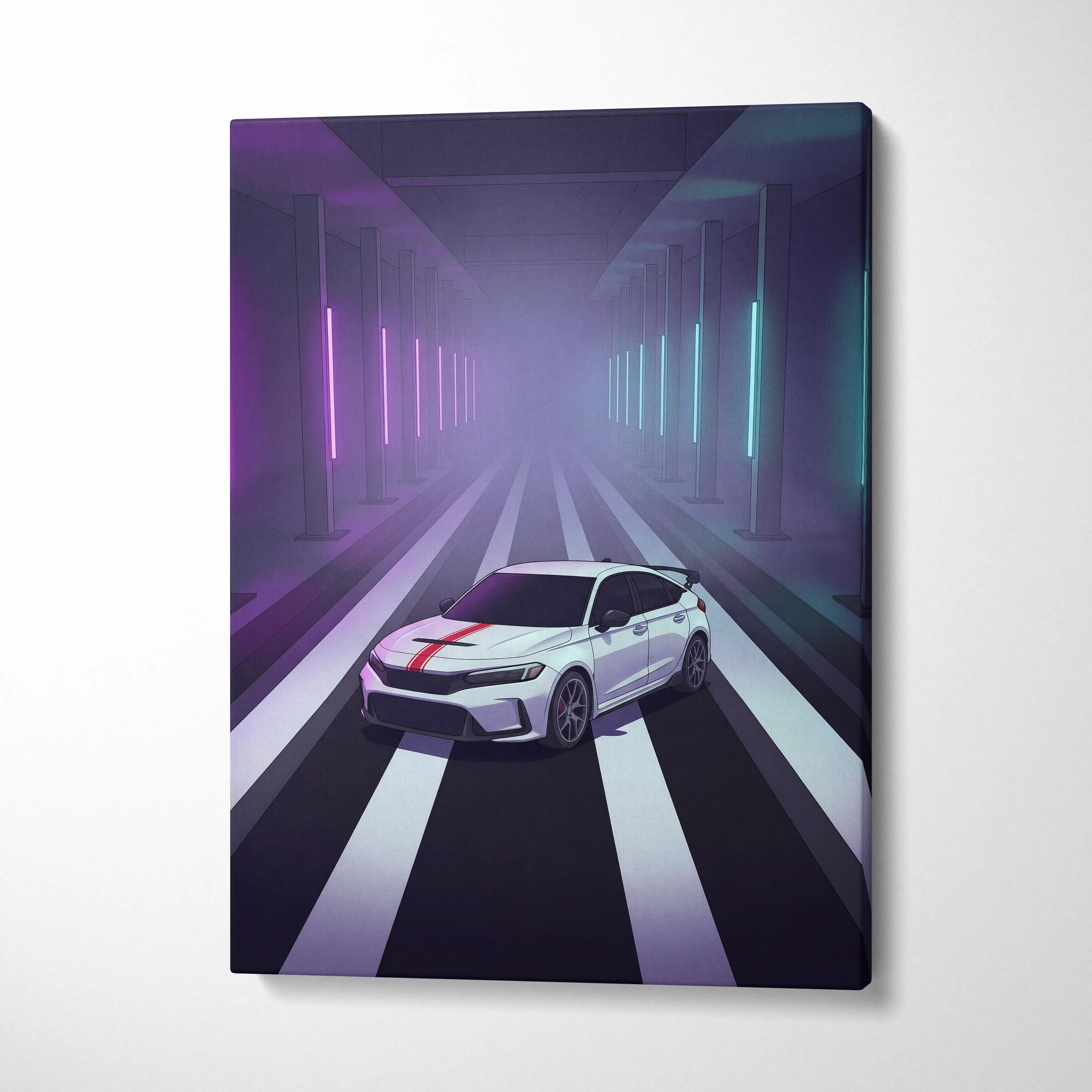 White sports car with red racing stripe stylized digital illustration on canvas for honda civic type r inspired wall art