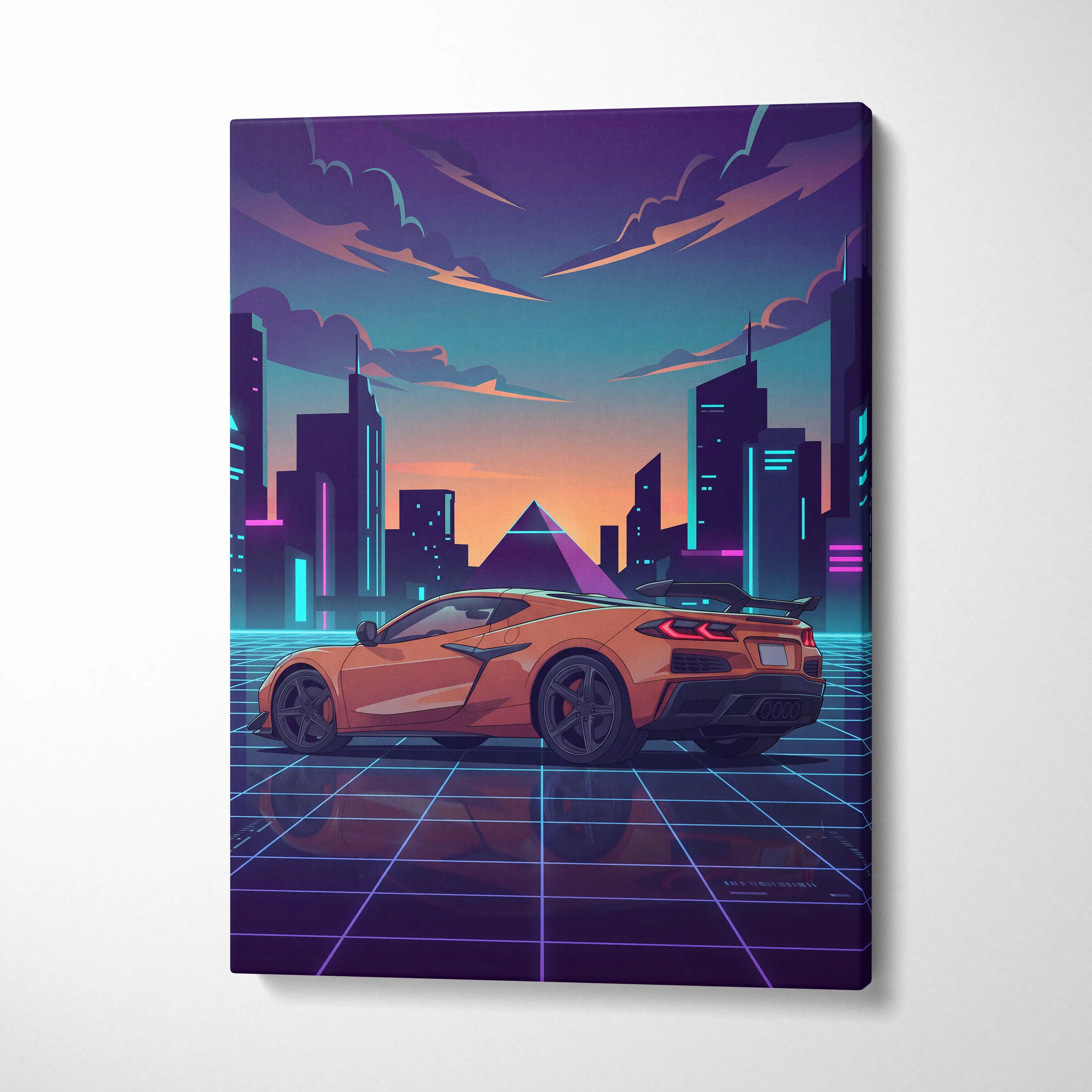 Chevrolet Corvette C8 Inspired Orange Purple Canvas Wall Art, Vaporwave Sports Car Artwork, Neon City Garage Decor, Retro Futuristic Auto Print