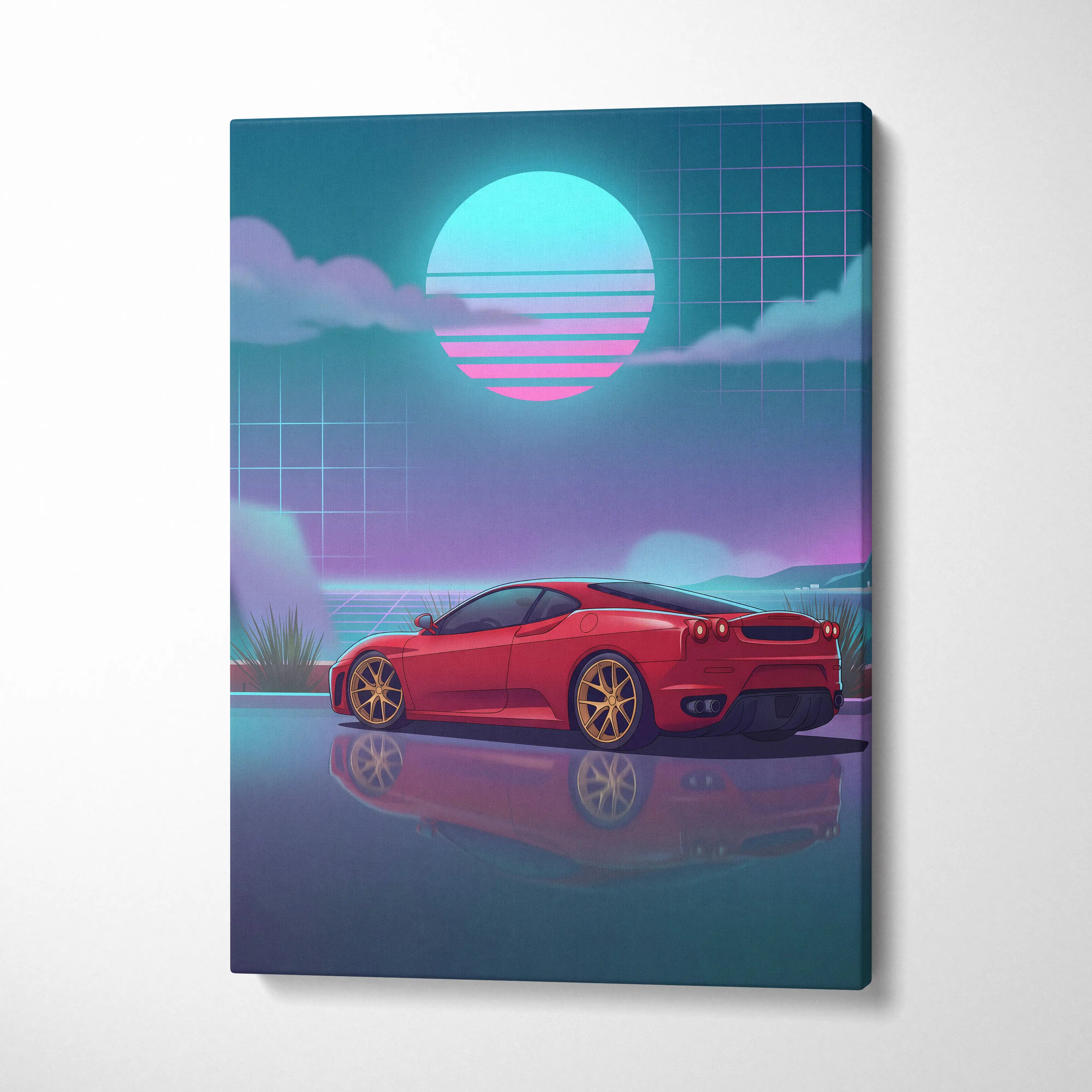 Ferrari F430 Inspired Red Teal Canvas Wall Art, Vaporwave Sports Car Artwork, Neon Sunset Garage Decor, Retro Futuristic Exotic Car Print