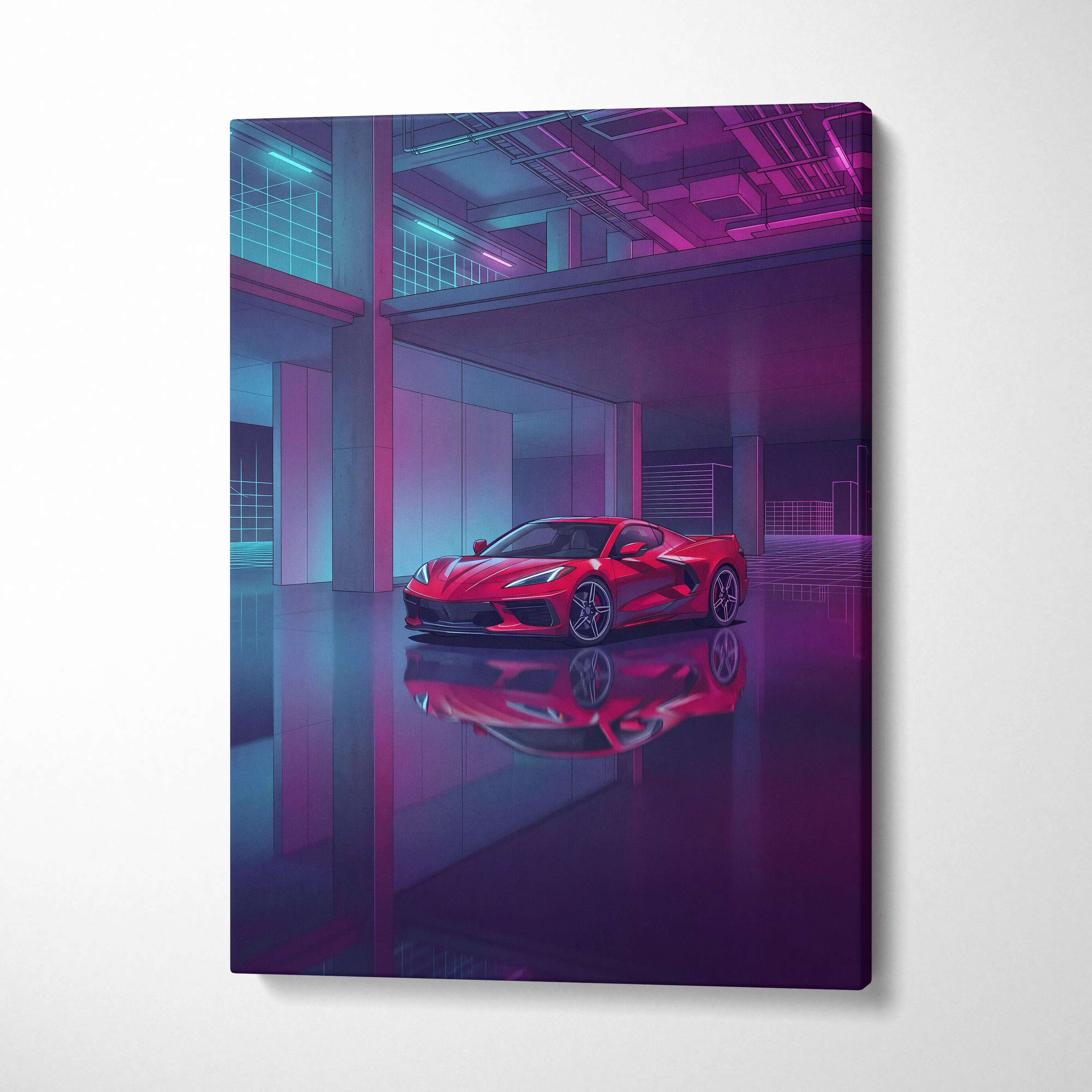 Chevrolet Corvette C8 Inspired Red Purple Canvas Wall Art, Vaporwave Sports Car Artwork, Neon Garage Decor, Retro Futuristic Auto Print