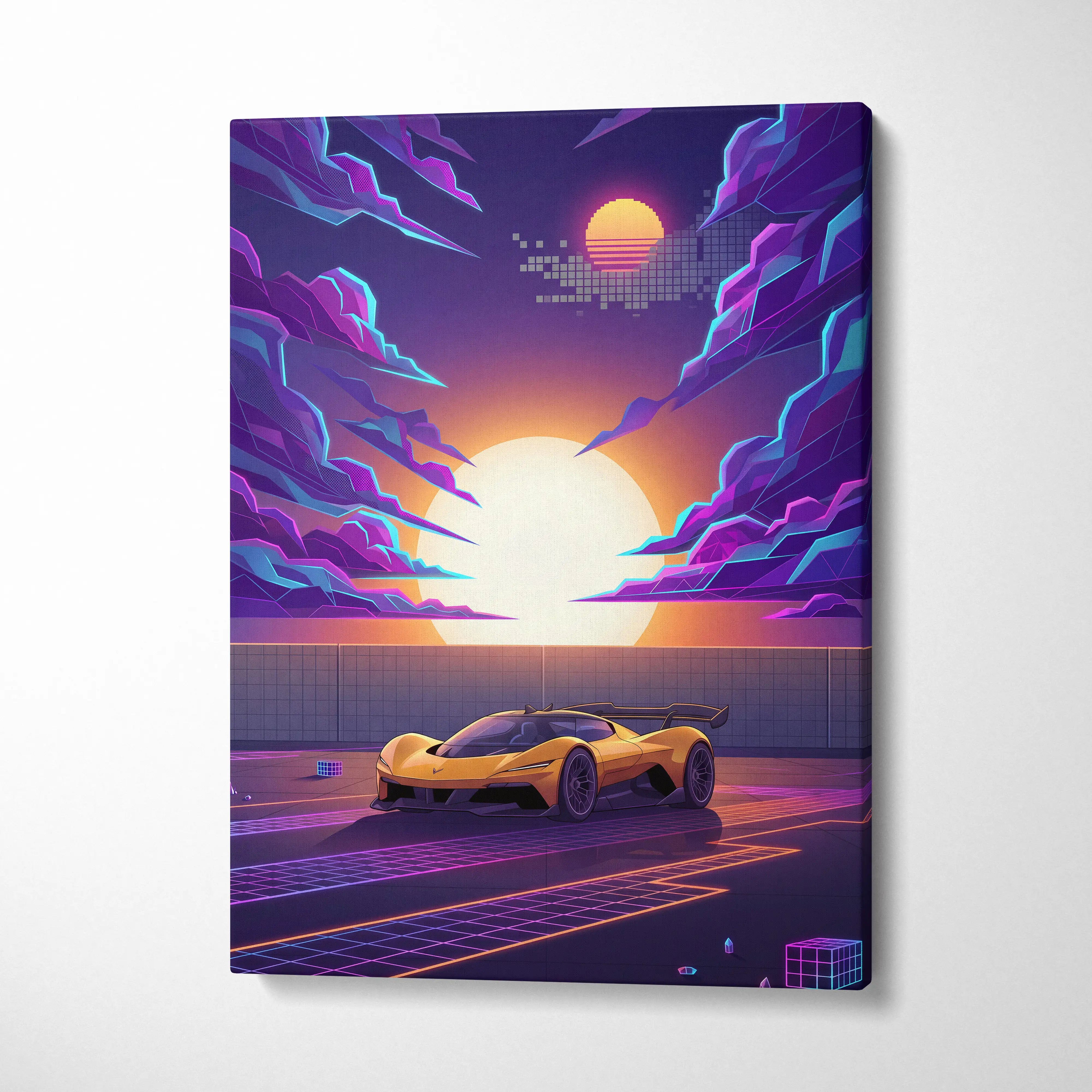 Chevrolet Corvette CX Concept Inspired Yellow Purple Canvas Wall Art, Vaporwave Sports Car Artwork, Neon Grid Garage Decor, Retro Futuristic Auto Print