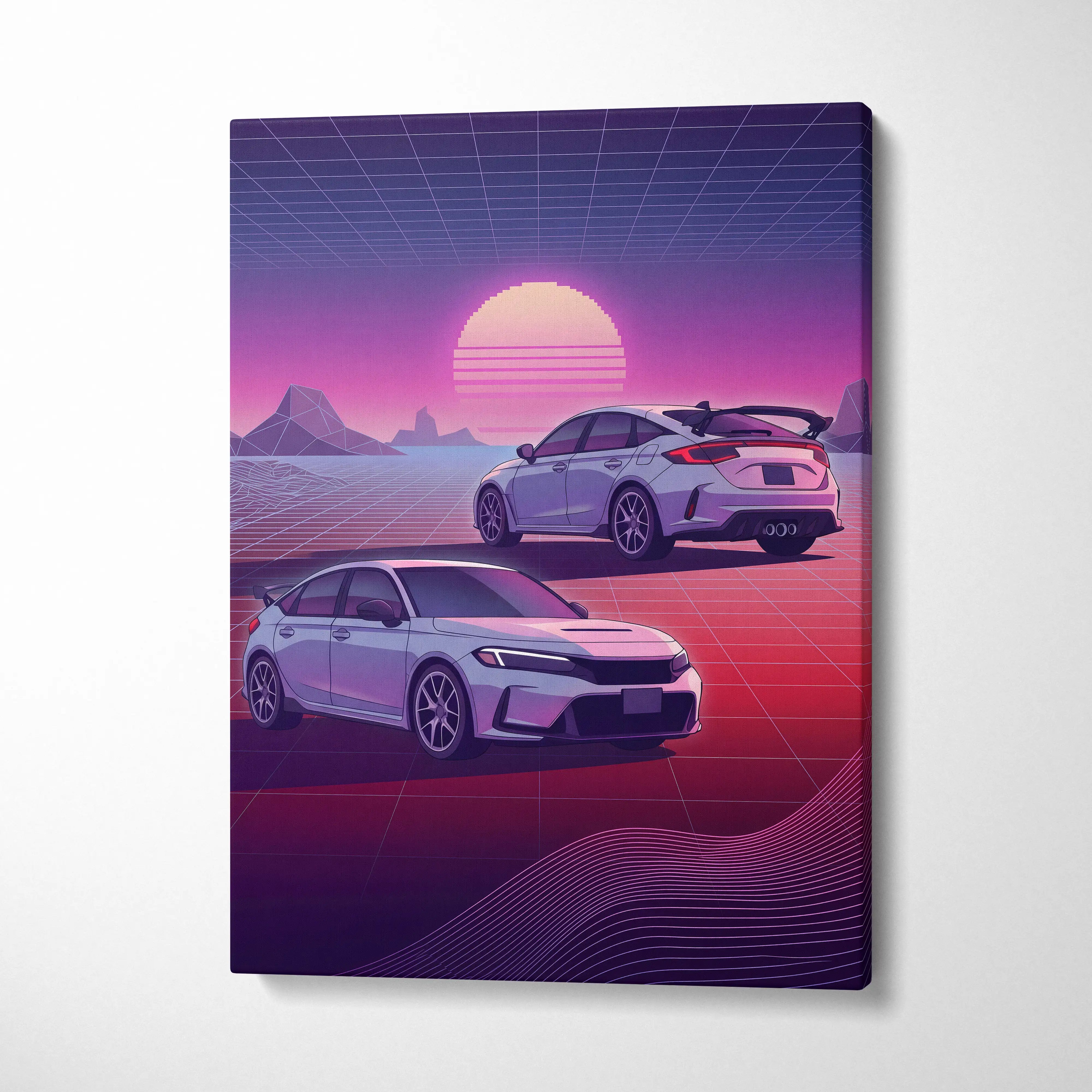 Nostalgic retro-futuristic canvas print of two white Honda Civic Type R cars on a purple pink grid with pixelated sun