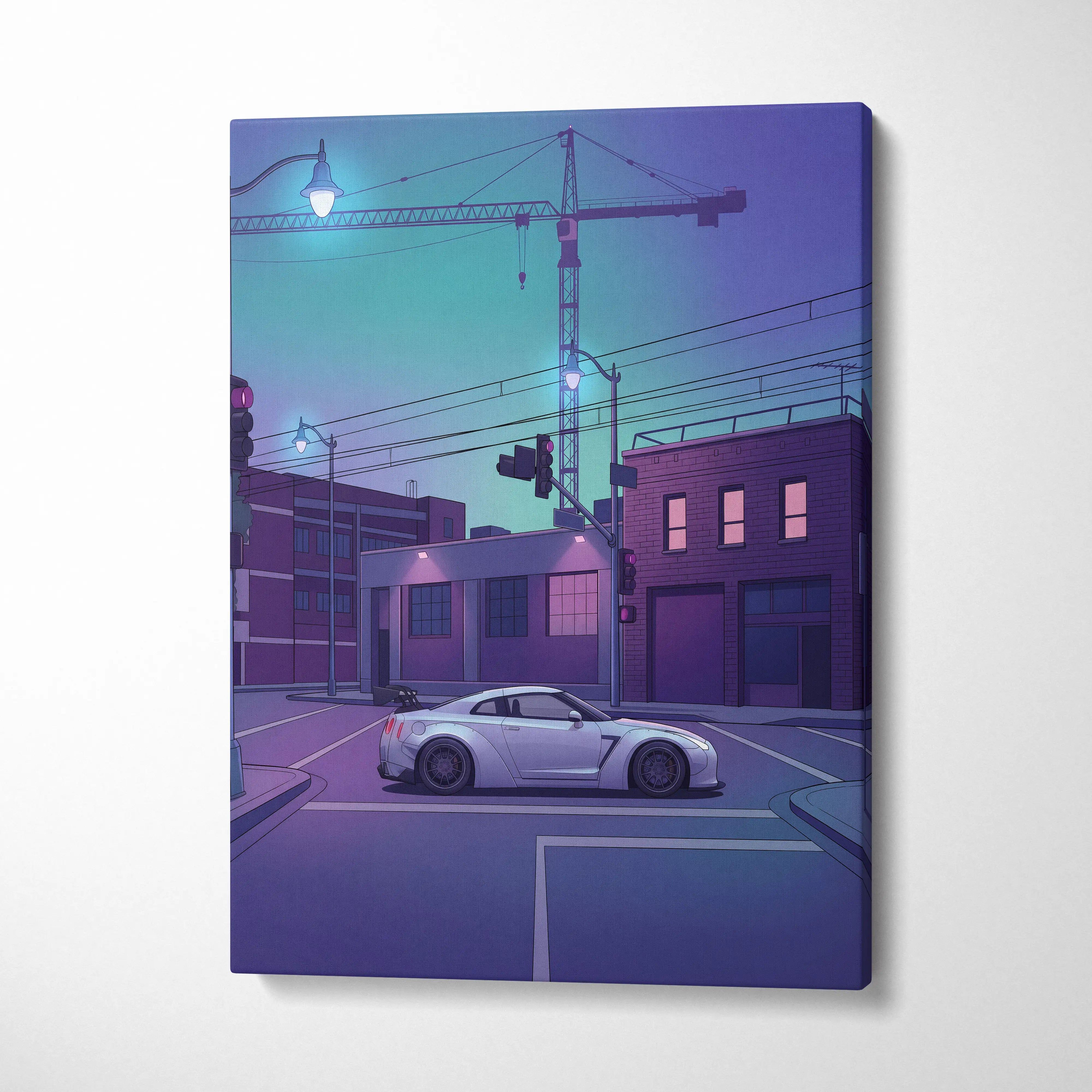 Nissan GT-R R35 Inspired Silver Purple Canvas Wall Art, Vaporwave JDM Supercar Artwork, Neon City Garage Decor, Retro Futuristic Print