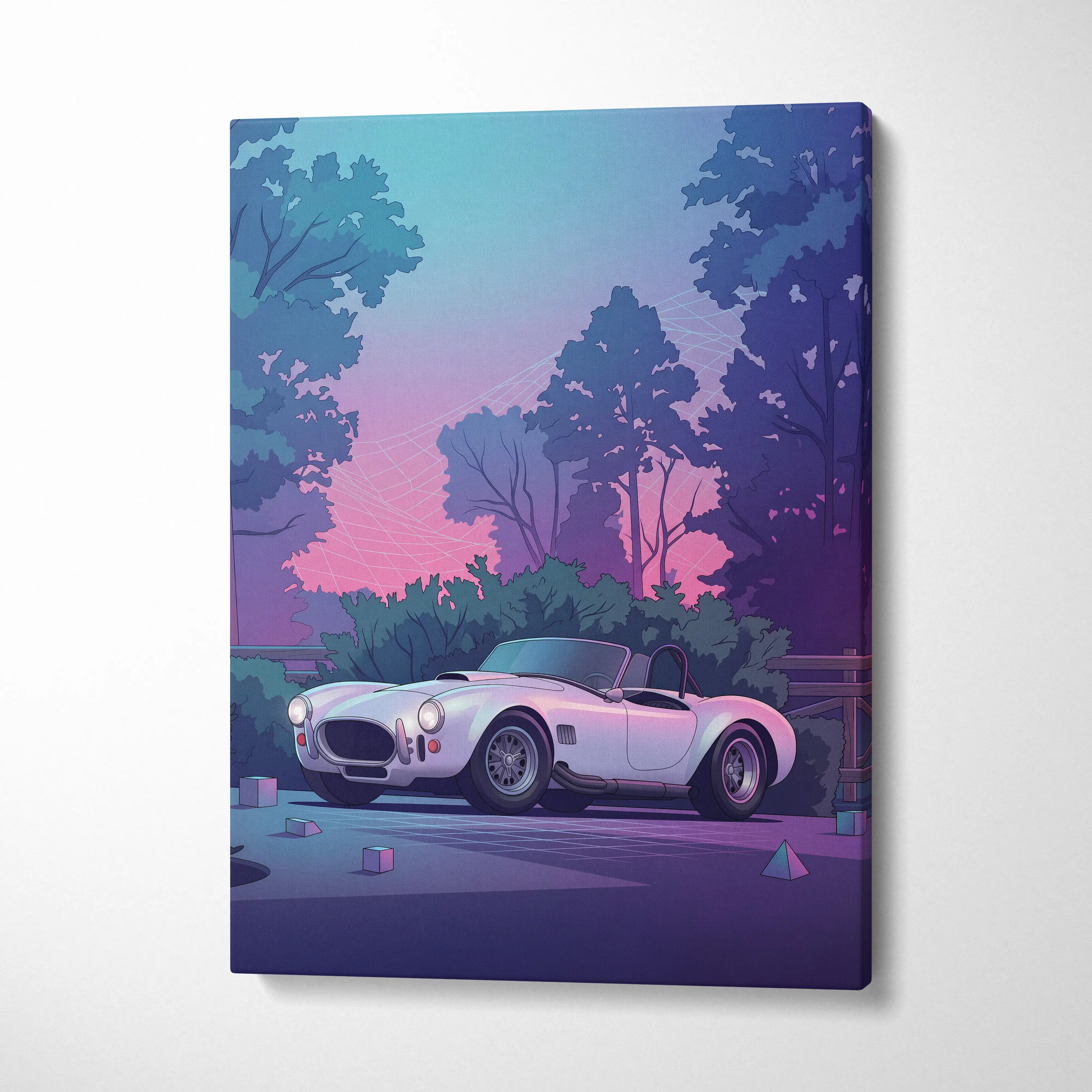 Shelby Cobra Inspired White Purple Canvas Wall Art, Vaporwave Roadster Artwork, Neon Forest Garage Decor, Retro Futuristic Classic Car Print