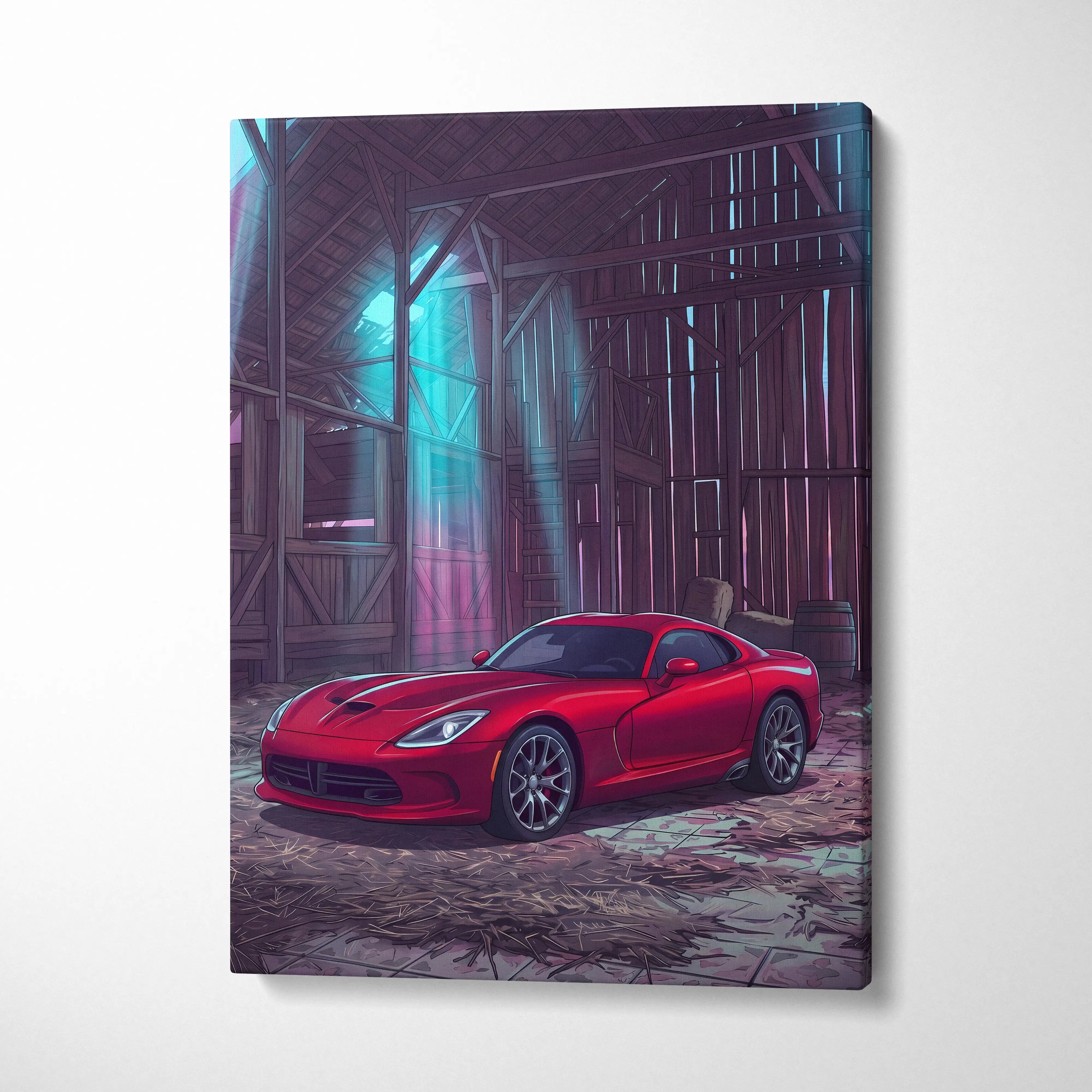 Dodge Viper Inspired Red Teal Canvas Wall Art, Vaporwave Sports Car Artwork, Neon Barn Garage Decor, Retro Futuristic Muscle Car Print