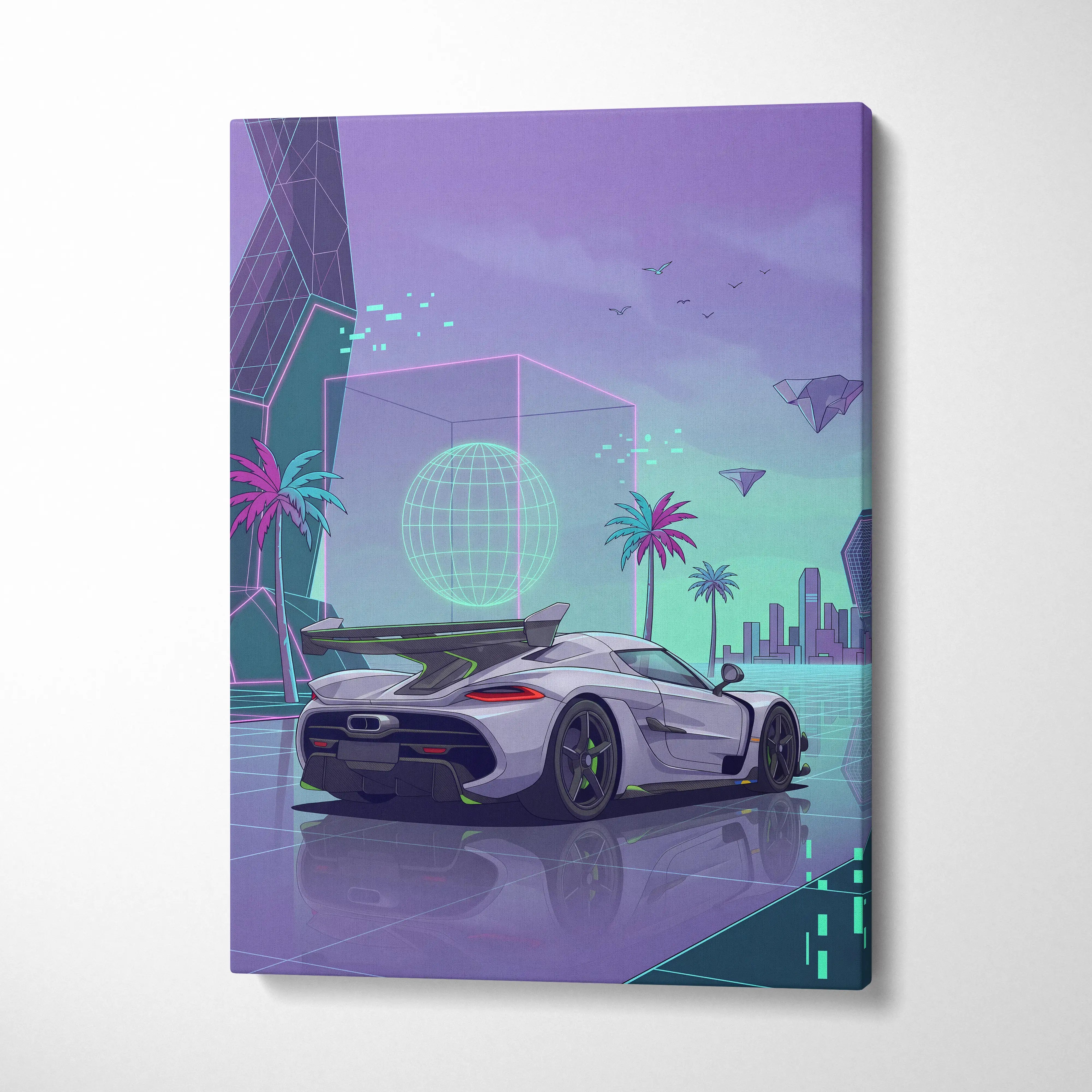 Koenigsegg Jesko Inspired White Purple Canvas Wall Art, Vaporwave Hypercar Artwork, Neon City Garage Decor, Retro Futuristic Exotic Print