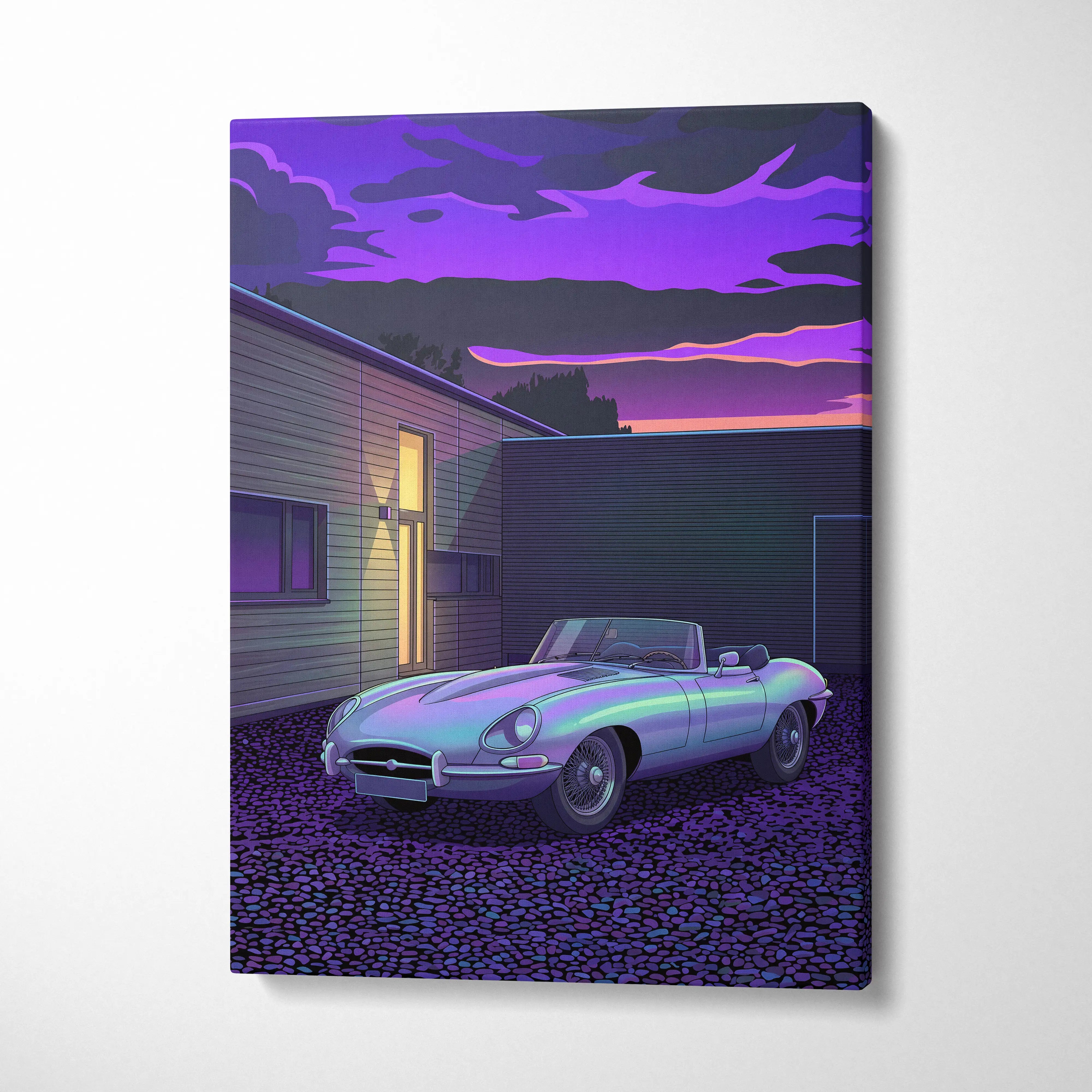 Jaguar e-type inspired silver purple canvas wall art of a sleek purple and teal convertible sports car illustration