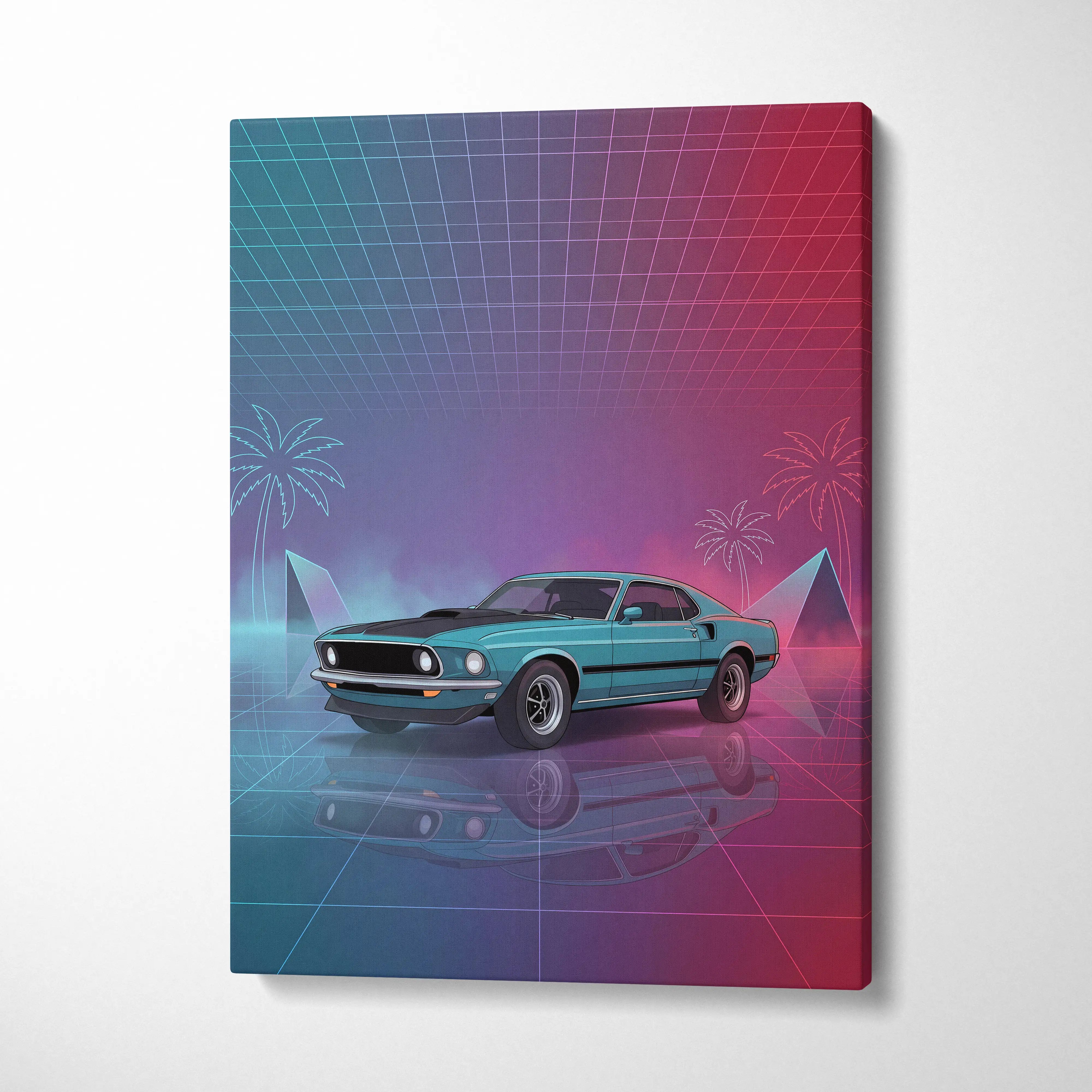 Ford Mustang Mach 1 Inspired Teal Pink Canvas Wall Art, Vaporwave Muscle Car Artwork, Neon Grid Garage Decor, Retro Futuristic Classic Print