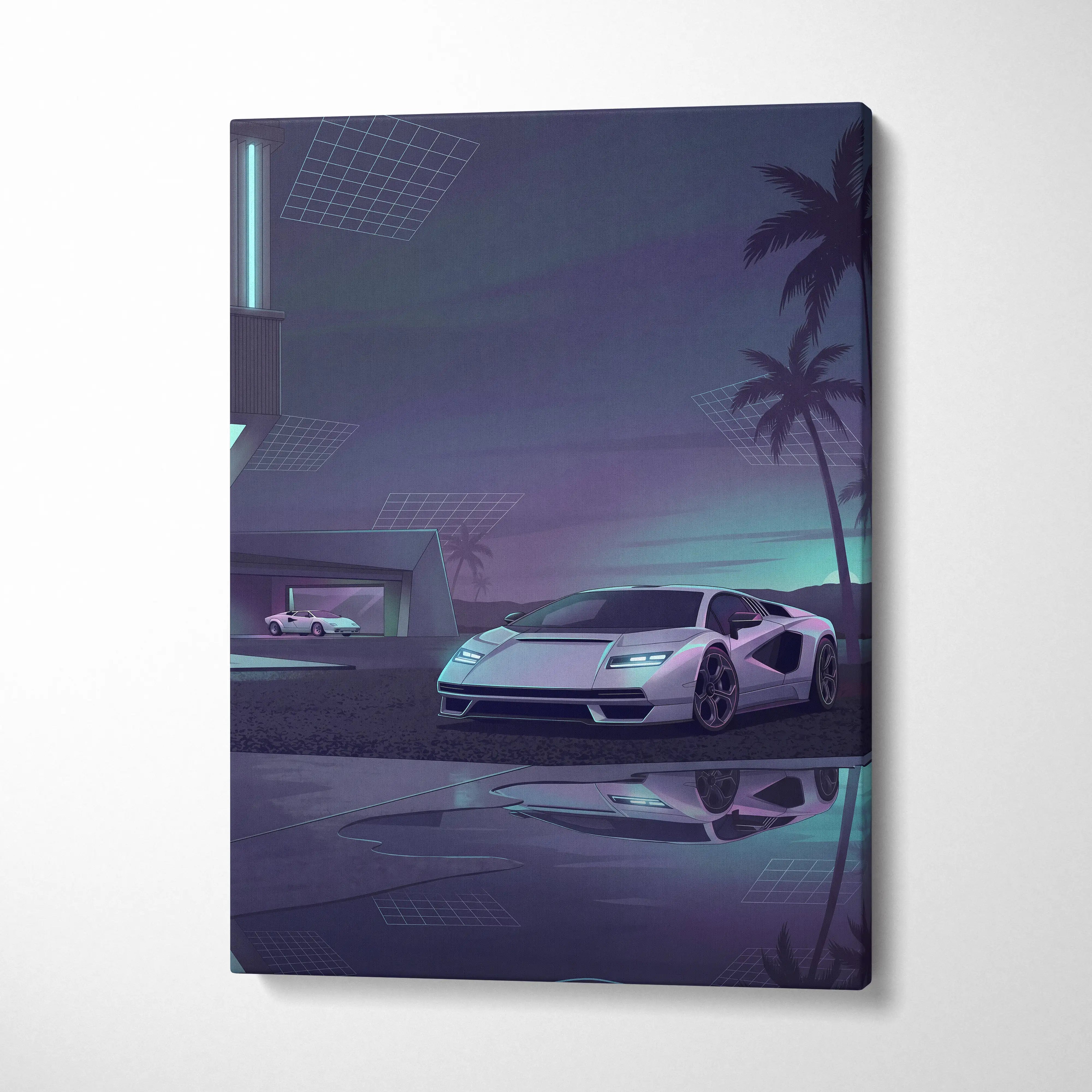 Lamborghini Countach Inspired White Purple Canvas Wall Art, Vaporwave Supercar Artwork, Neon Palm Garage Decor, Retro Futuristic Exotic Print