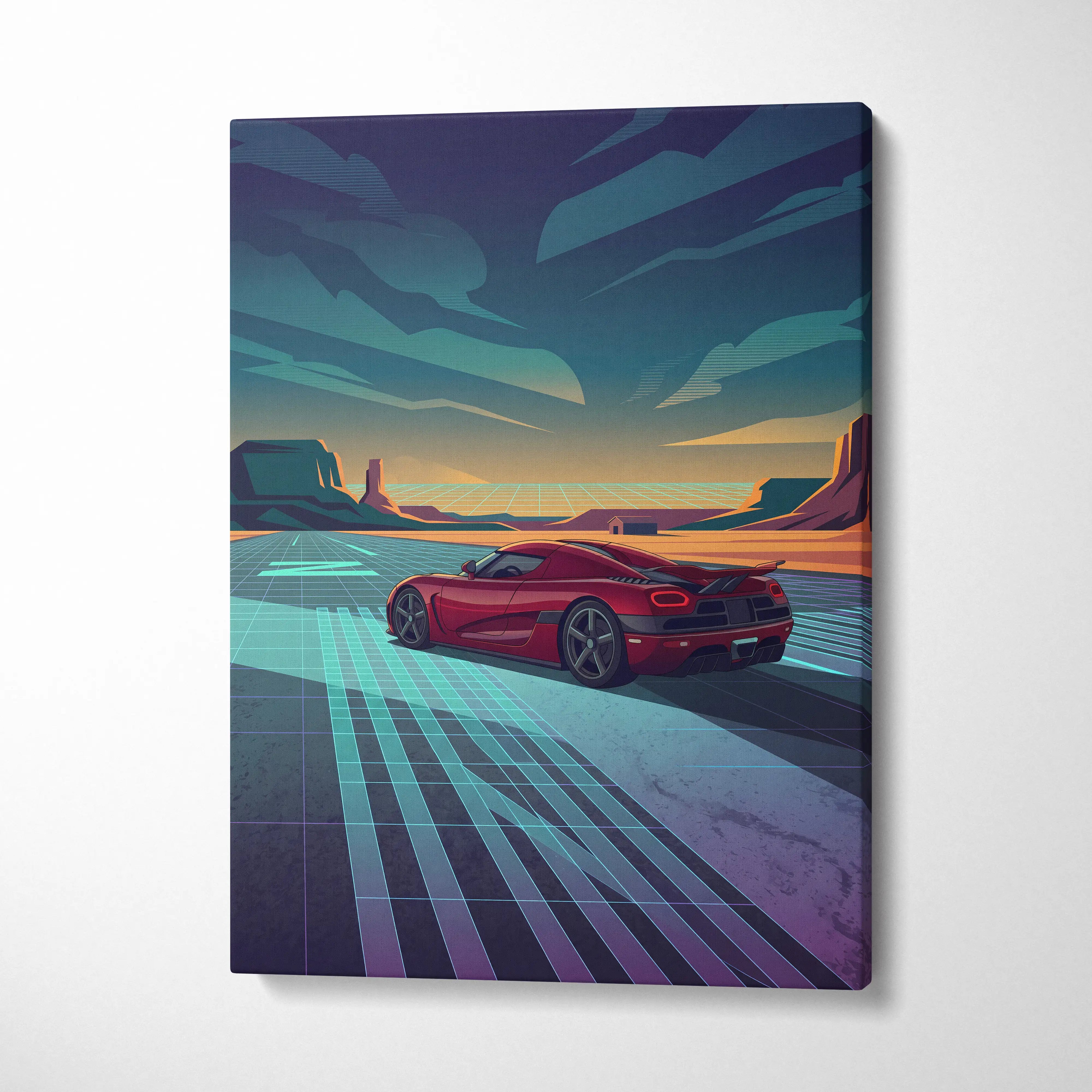 Koenigsegg Agera RS Inspired Red Teal Canvas Wall Art, Vaporwave Hypercar Artwork, Neon Desert Garage Decor, Retro Futuristic Exotic Car Print