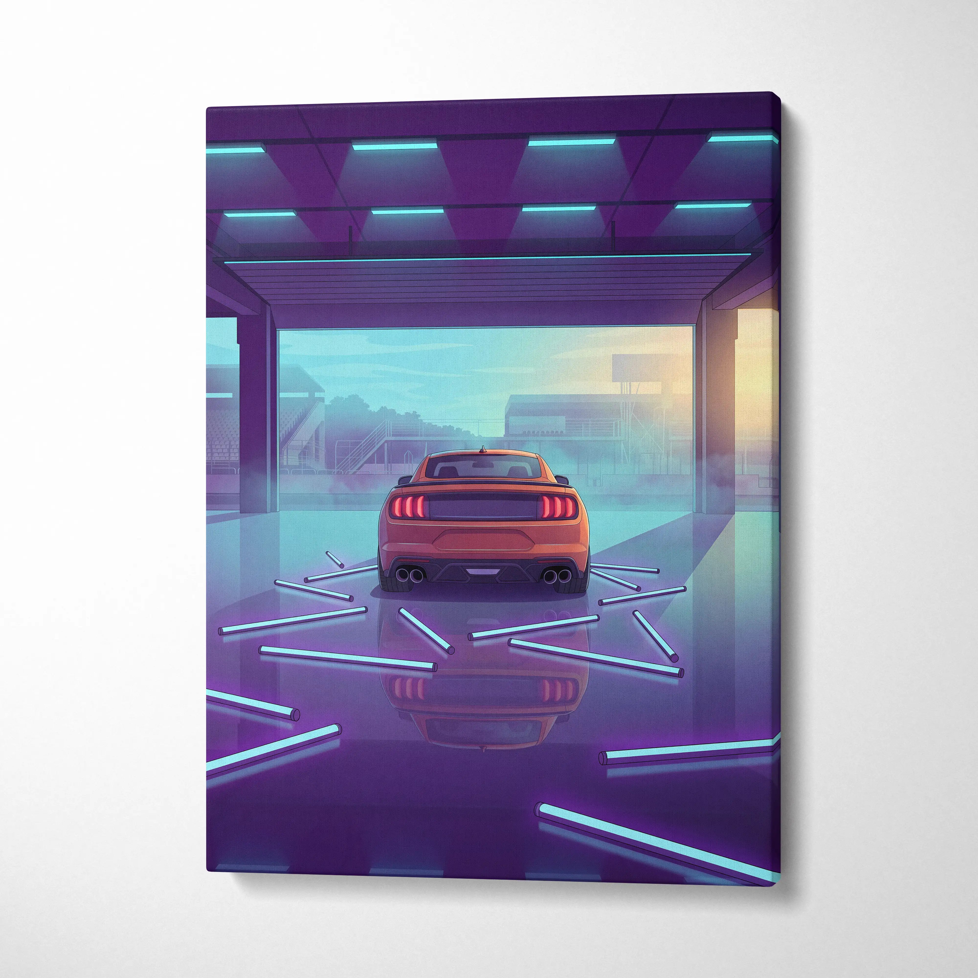 Ford Mustang Inspired Orange Purple Canvas Wall Art, Vaporwave Muscle Car Artwork, Neon Garage Decor, Retro Futuristic Auto Print