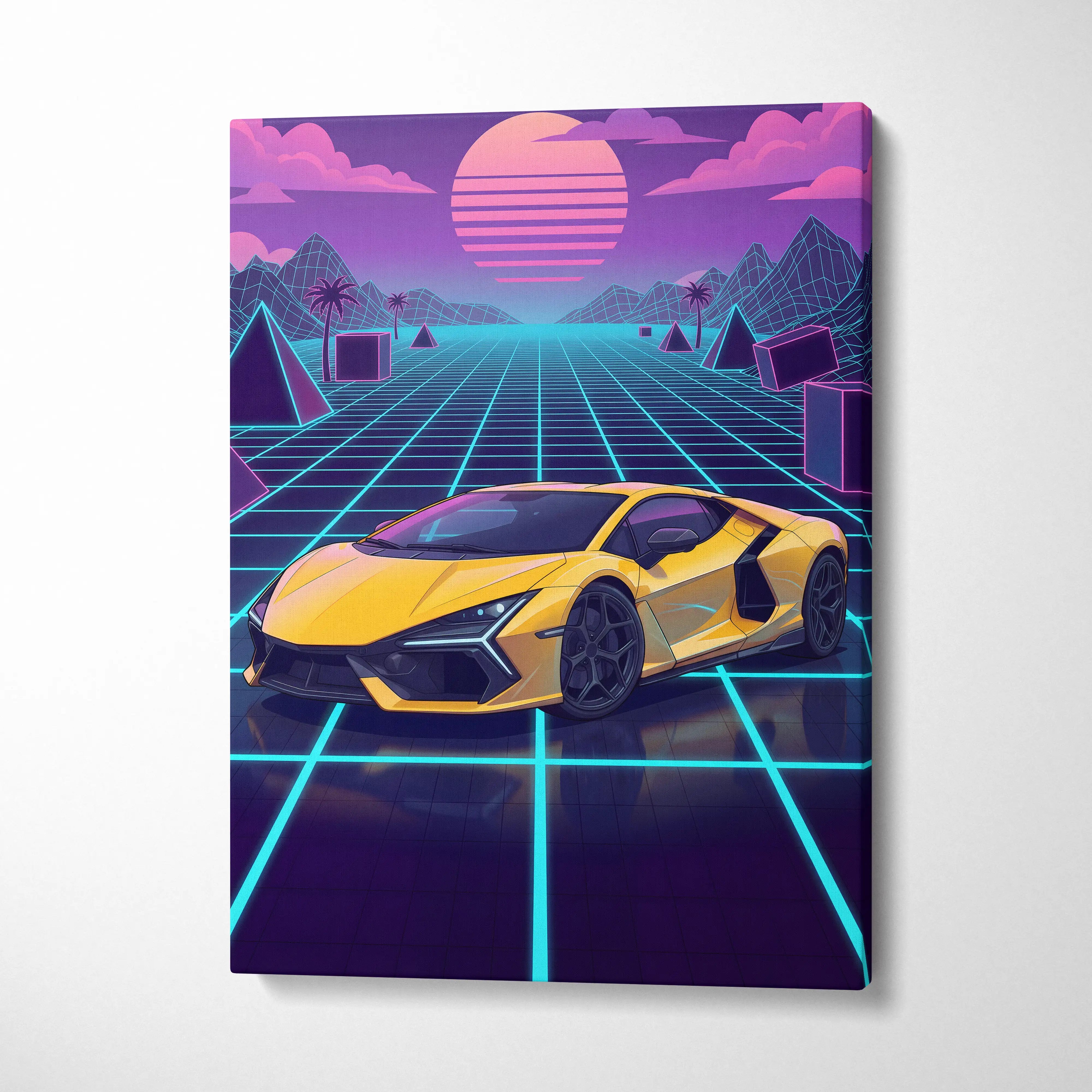 Lamborghini Revuelto Inspired Sunset Car Canvas - Car Neon Pink Purple Blue Vaporwave Mood Nostalgic Futuristic Decor Canvas