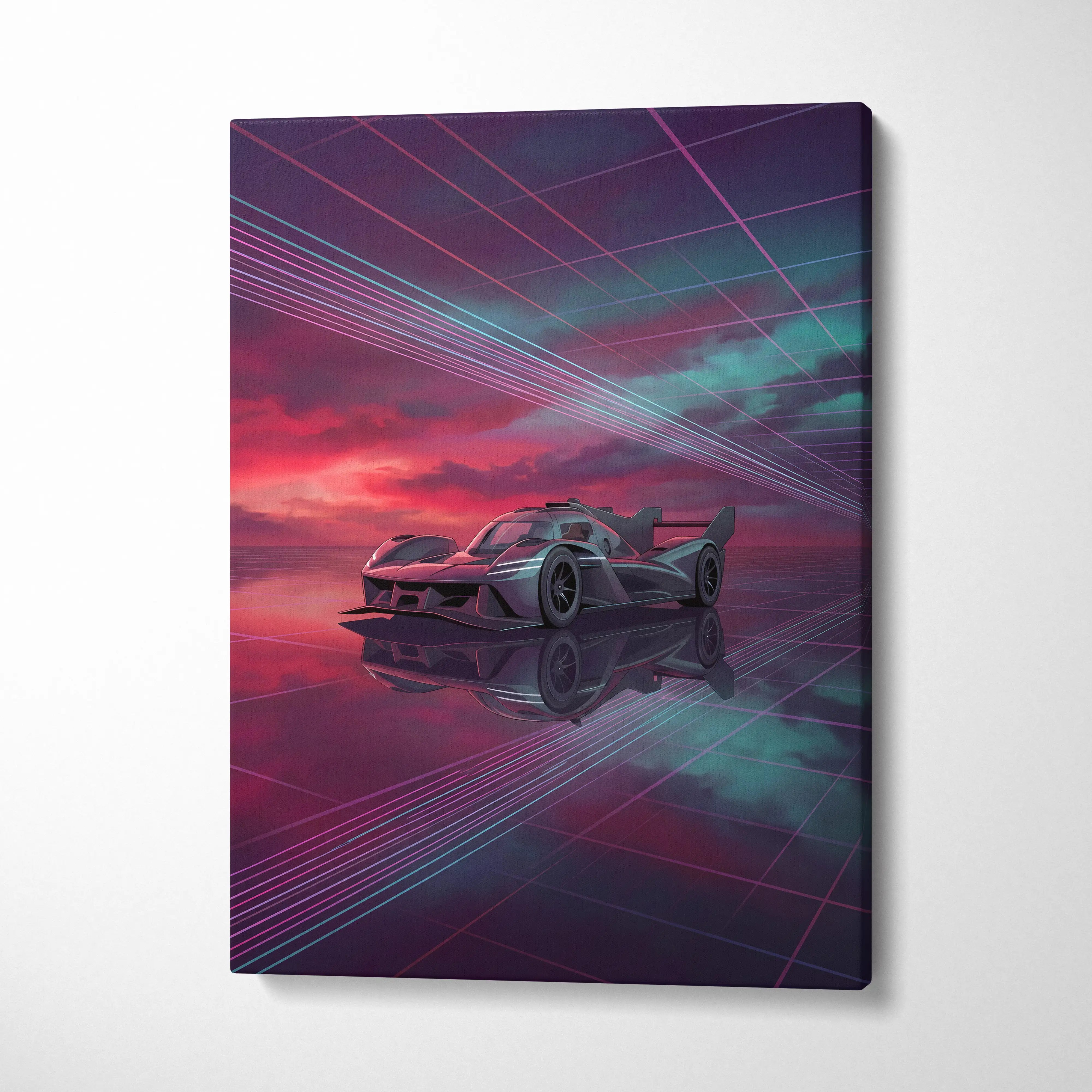 Genesis GMR 001 Inspired Purple Teal Canvas Wall Art, Vaporwave Racing Sunset, Futuristic Garage Decor, Hypercar Motorsport Artwork
