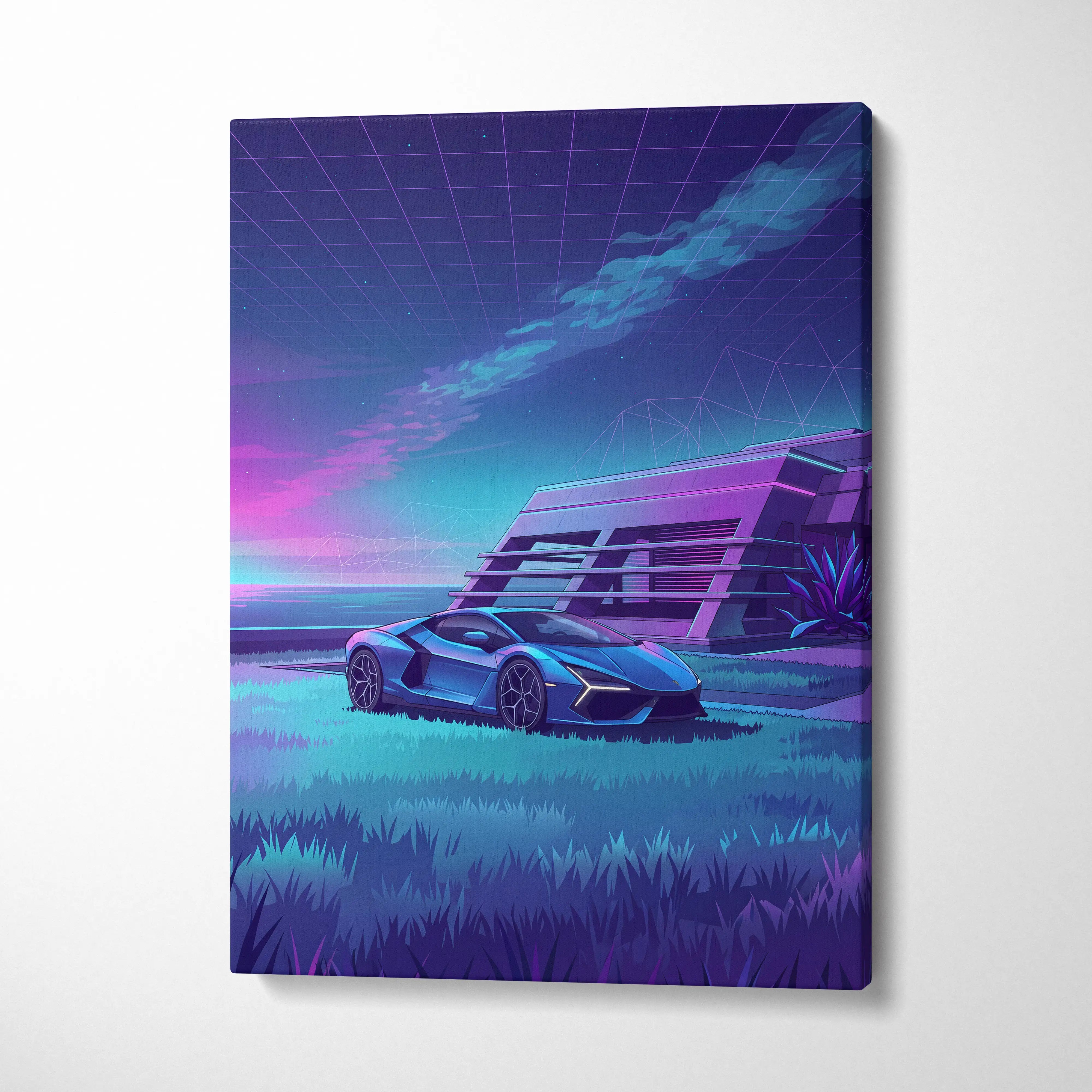 Lamborghini Revuelto Inspired Blue Purple Canvas Wall Art, Vaporwave Neon House Garage Decor, Moody Futuristic Supercar Artwork