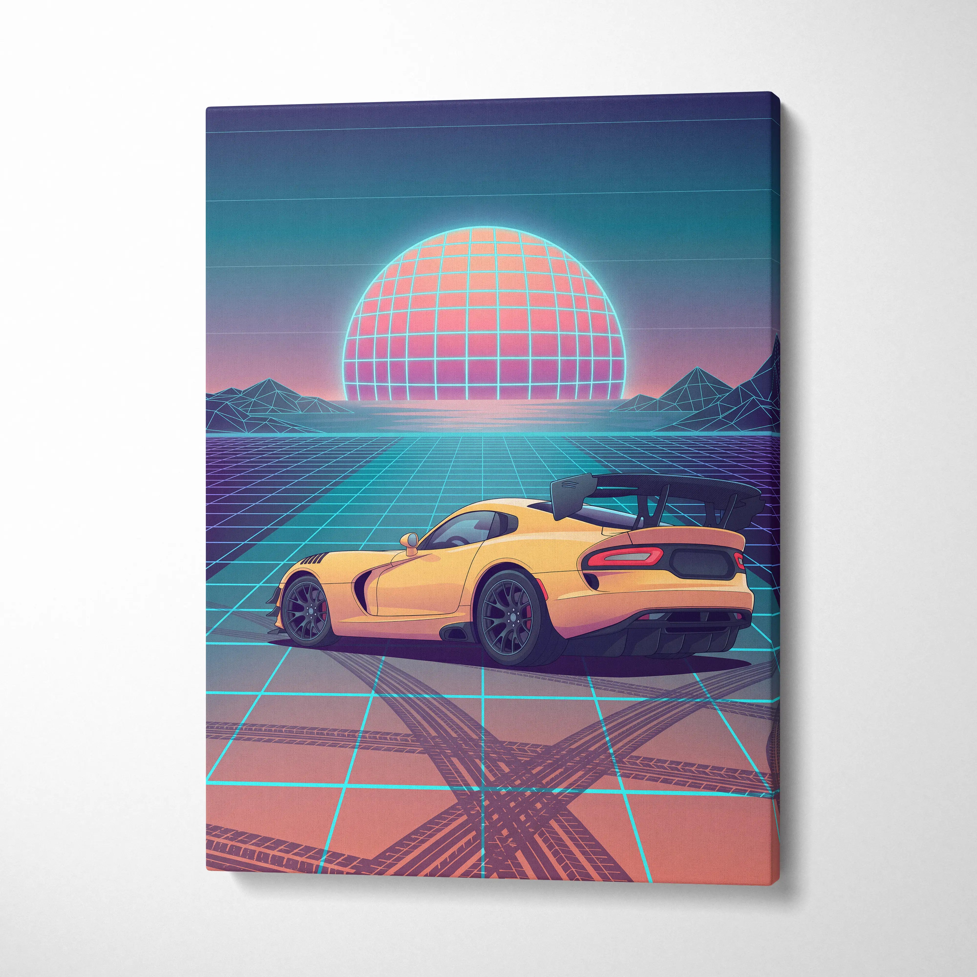 Dodge Viper ACR Inspired Yellow Blue Canvas Wall Art, Vaporwave Track Car Artwork, Neon Grid Garage Decor, Retro Futuristic Motorsport Print