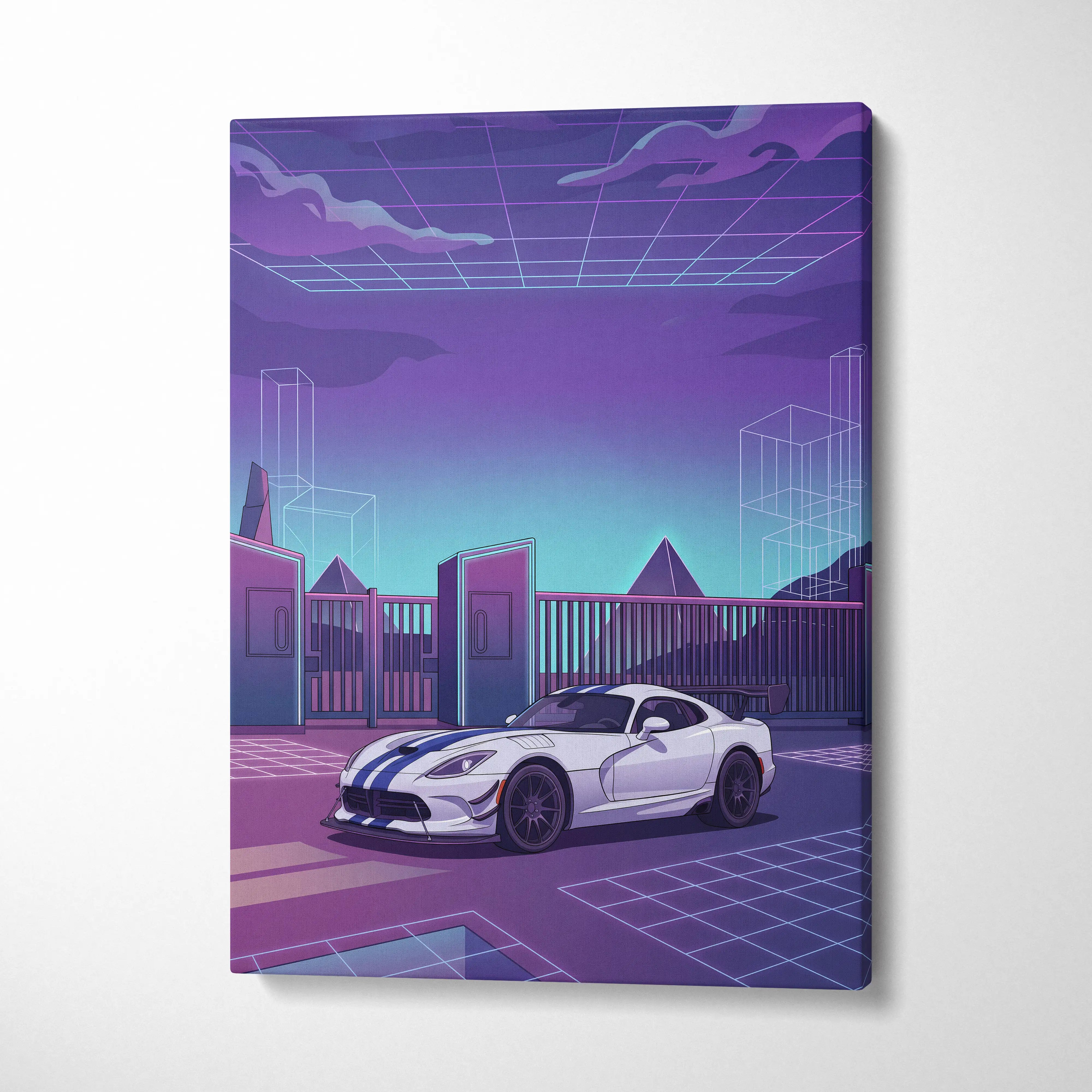 Dodge Viper ACR Inspired Purple Blue Canvas Wall Art, Vaporwave Night Drive, Retro Futuristic Garage Decor, Sports Car Artwork