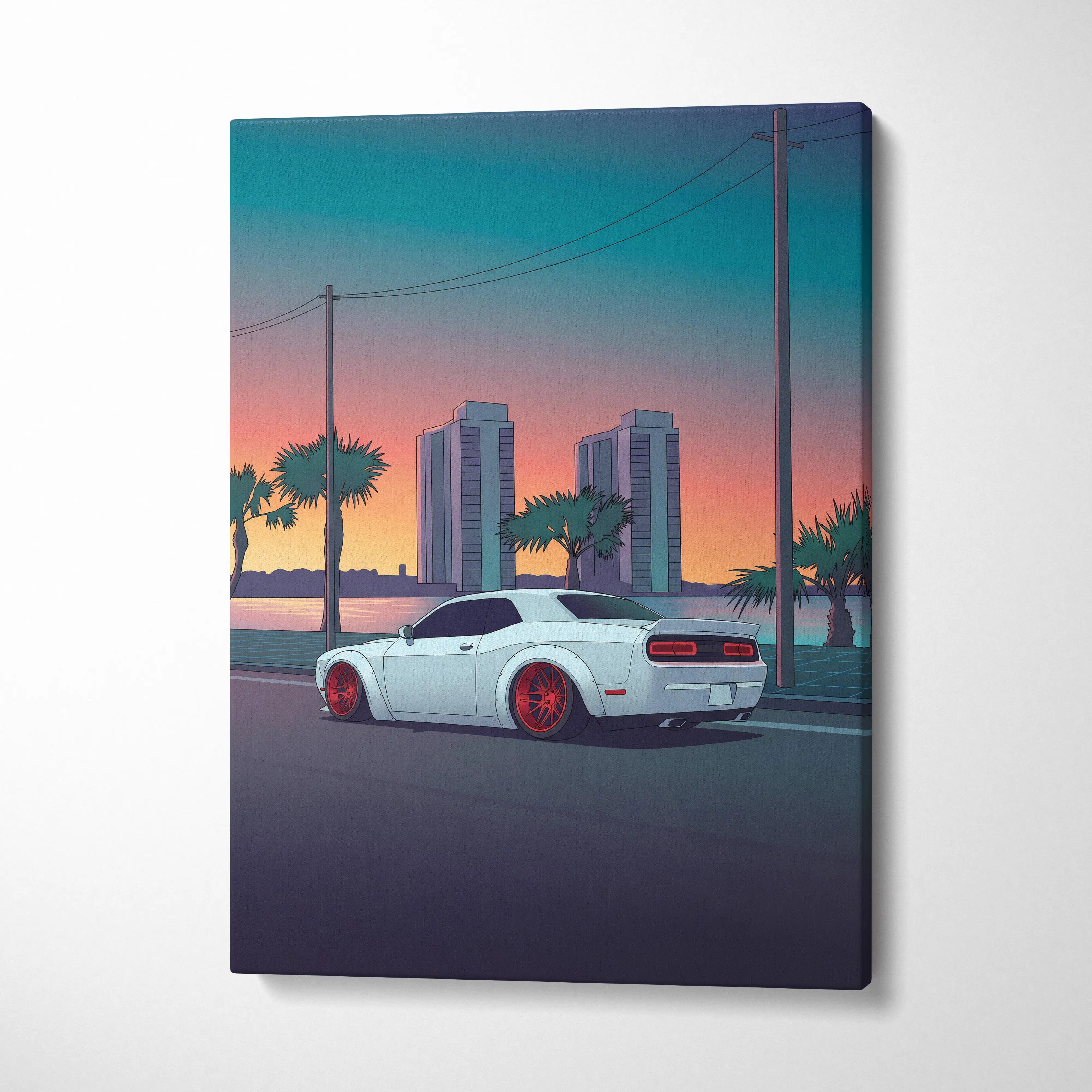 Dodge Challenger Inspired White Red Canvas Wall Art, Vaporwave Muscle Car Artwork, Neon Coastal City Decor, Retro Futuristic Garage Print