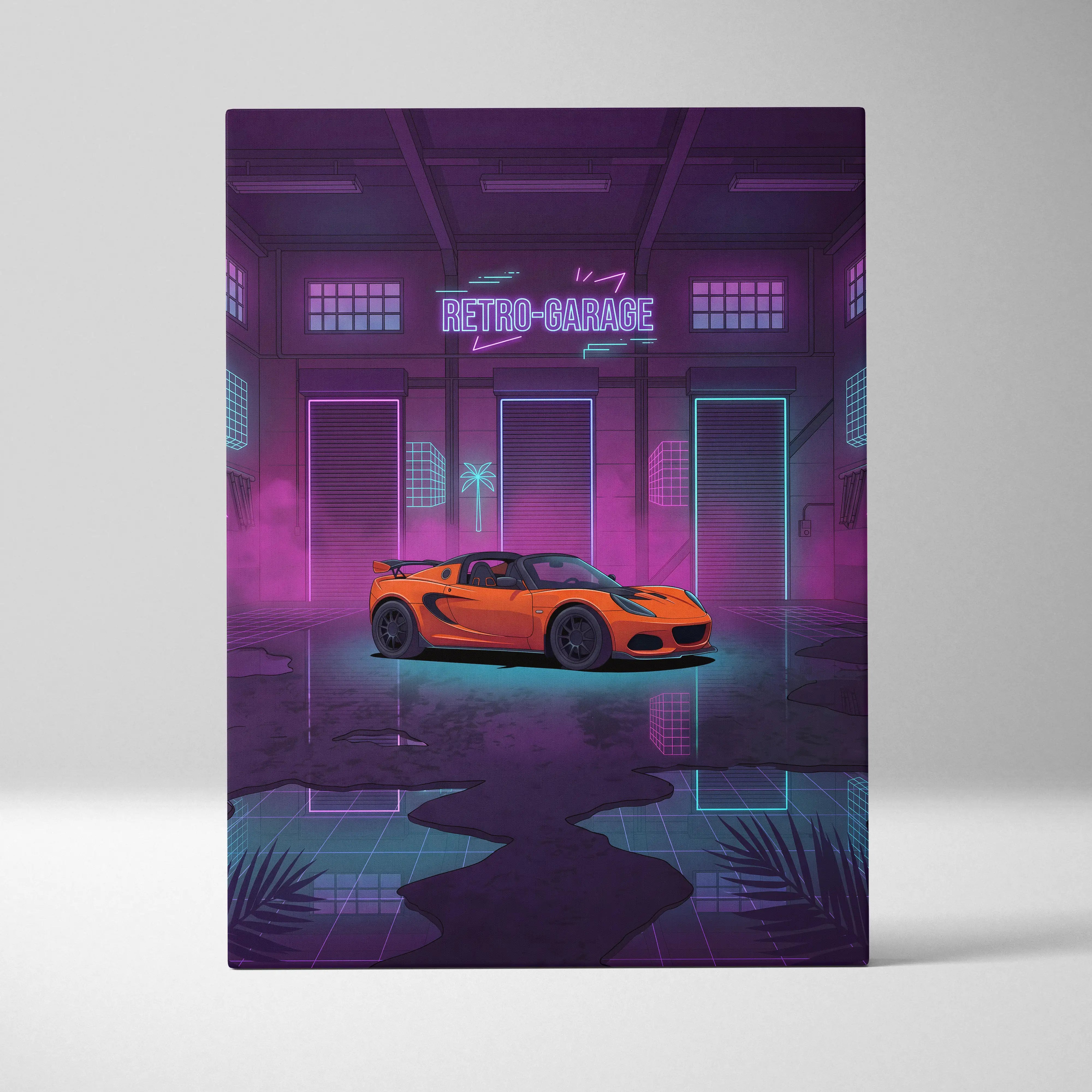 Lotus Elise Inspired Orange Purple Canvas Wall Art, Neon Vaporwave Sports Car Artwork for Retro Garage Decor with Moody JDM Style