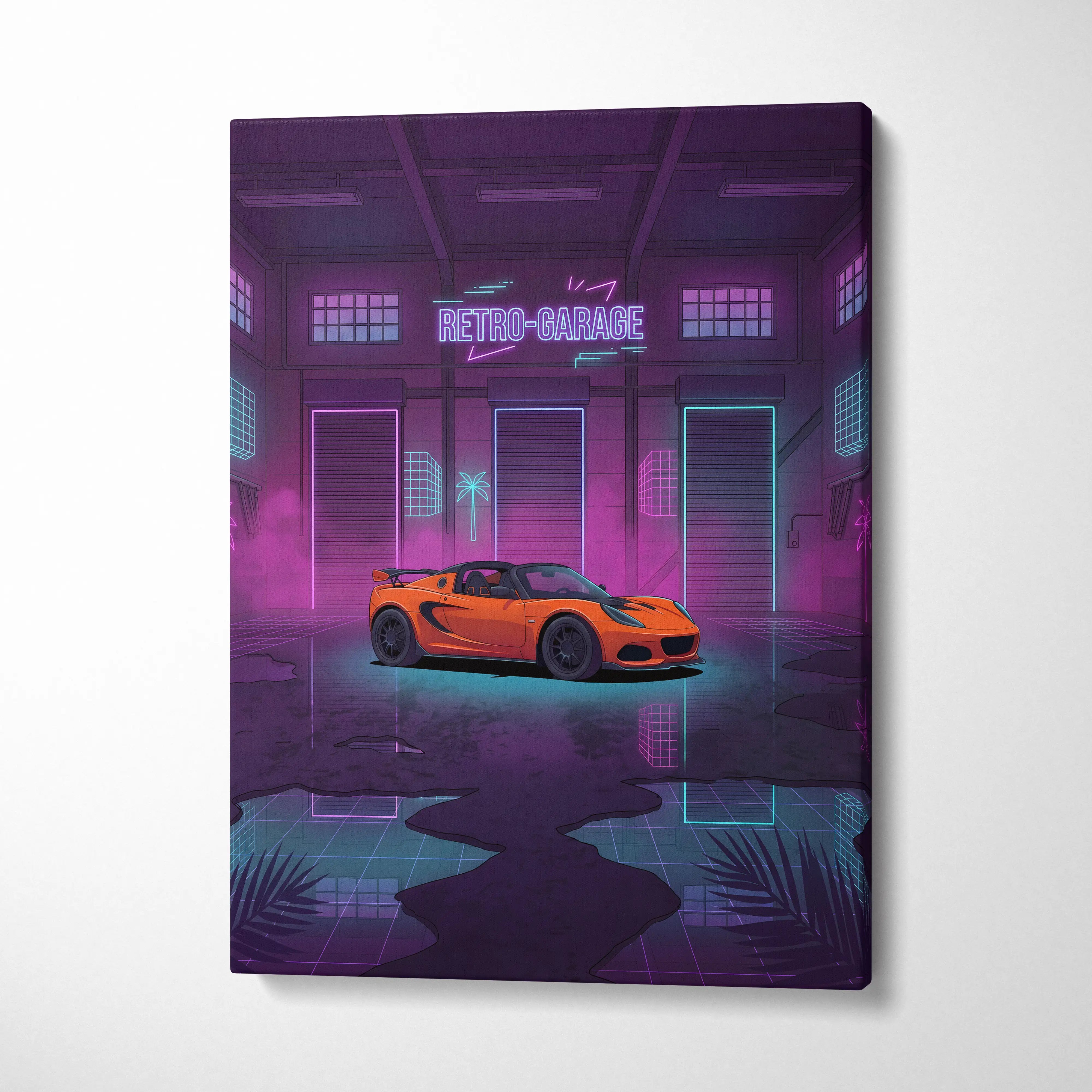 Lotus Elise Inspired Orange Purple Canvas Wall Art, Neon Vaporwave Sports Car Artwork for Retro Garage Decor with Moody JDM Style