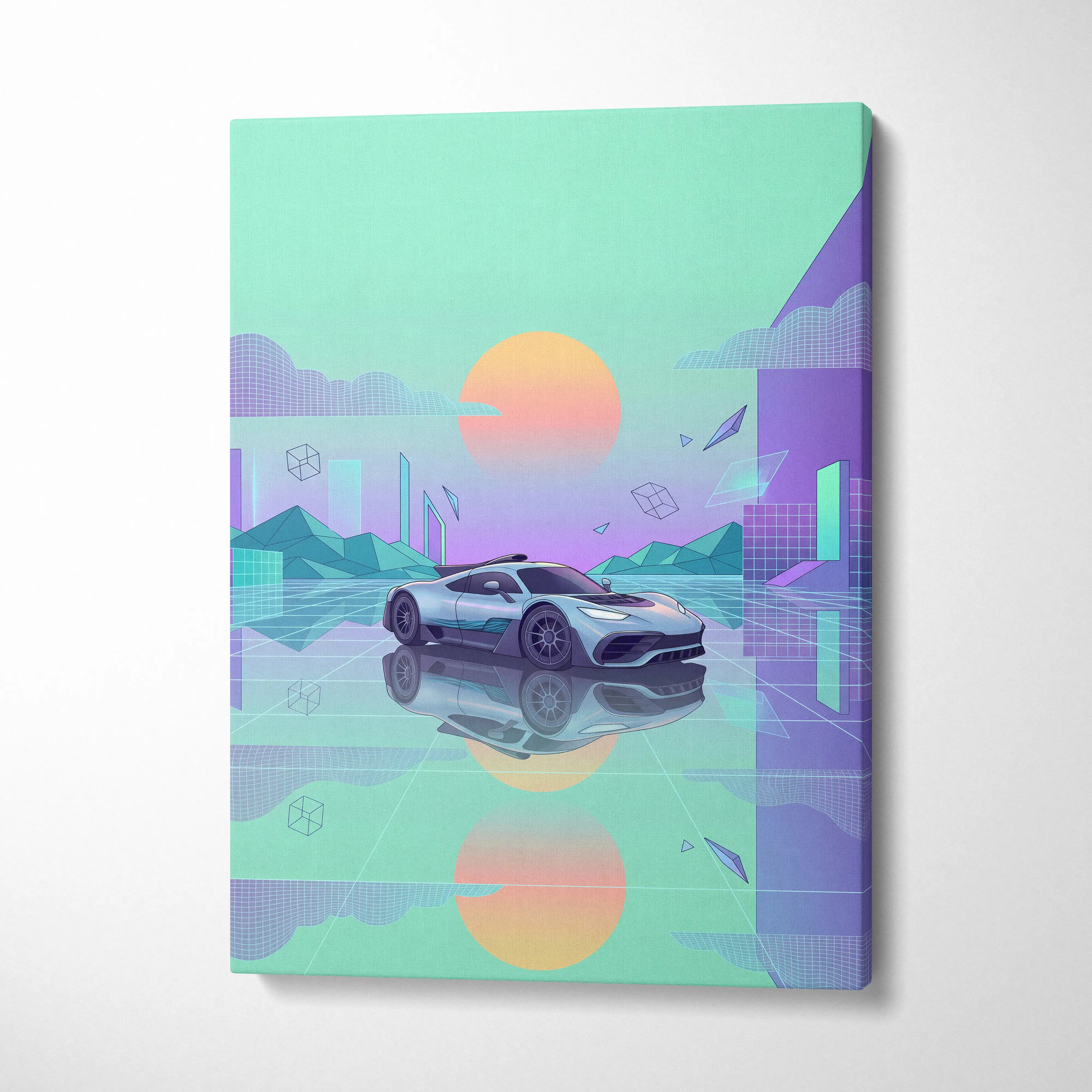 Mercedes-AMG One Inspired Silver Teal Canvas Wall Art, Pastel Vaporwave Hypercar Artwork for Futuristic Garage Decor Mood