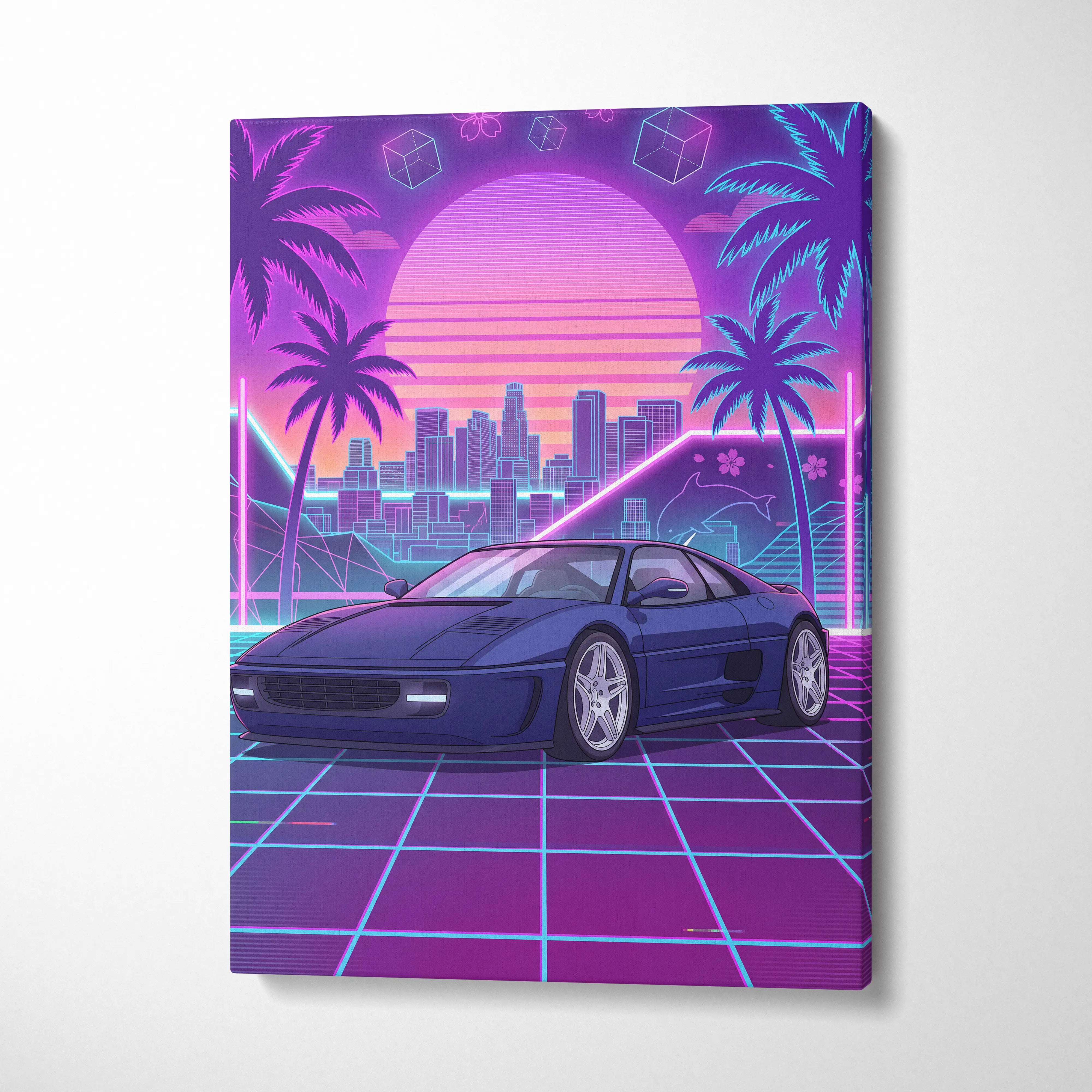 Ferrari Retro Supercar Inspired Neon Sunset Vaporwave City - Car Art Neon Purple Pink Blue Living Room Retro Nostalgia Neon City