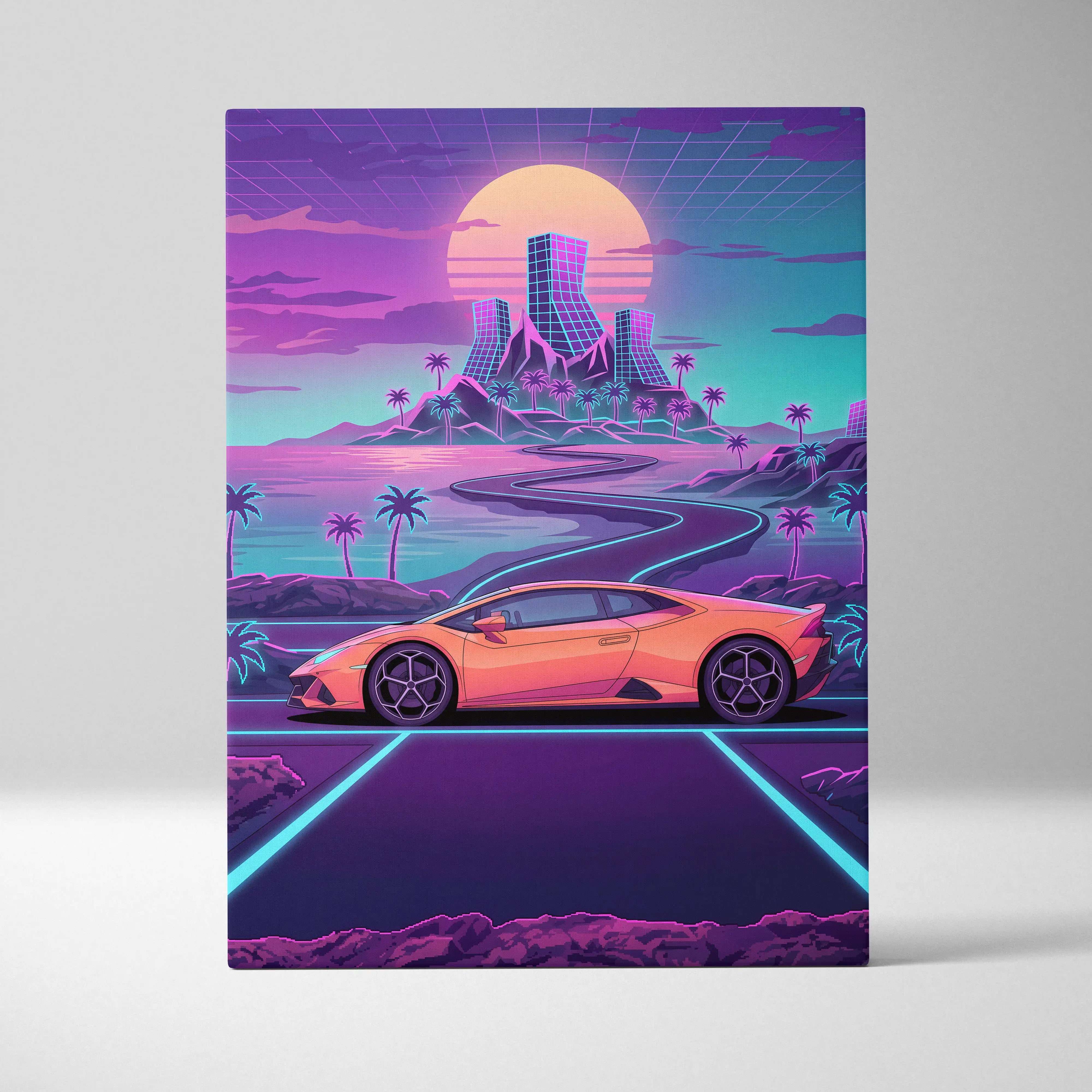 Lamborghini Huracan Inspired Neon Mirage Skyline Rush - Automotive Art Neon Nostalgic Futuristic Canvas