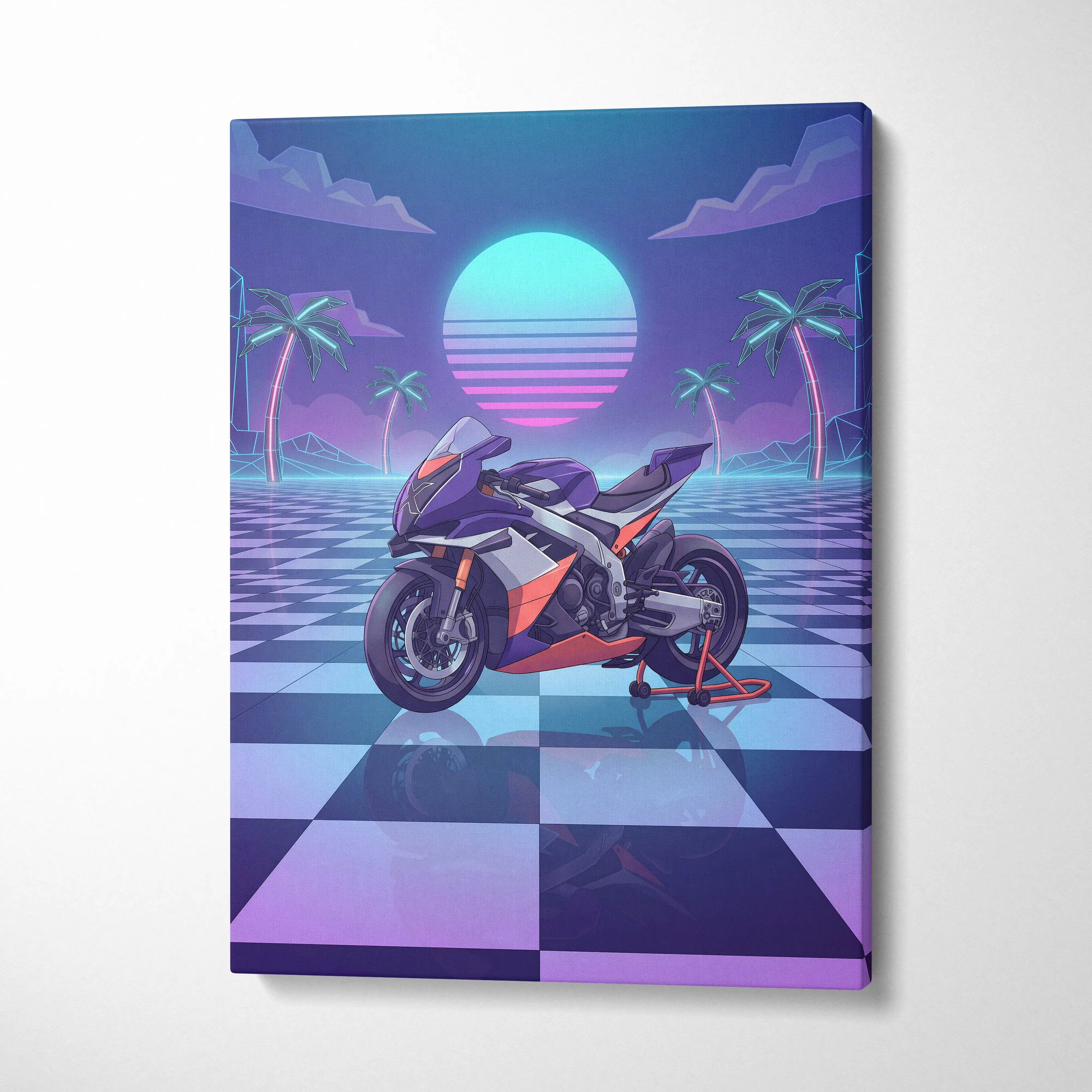 Aprilia RSV4 Xtrenta Inspired Orange Purple Vaporwave Motorcycle Canvas Wall Art Neon Checkerboard Sportbike Artwork Retro Futuristic Garage Decor