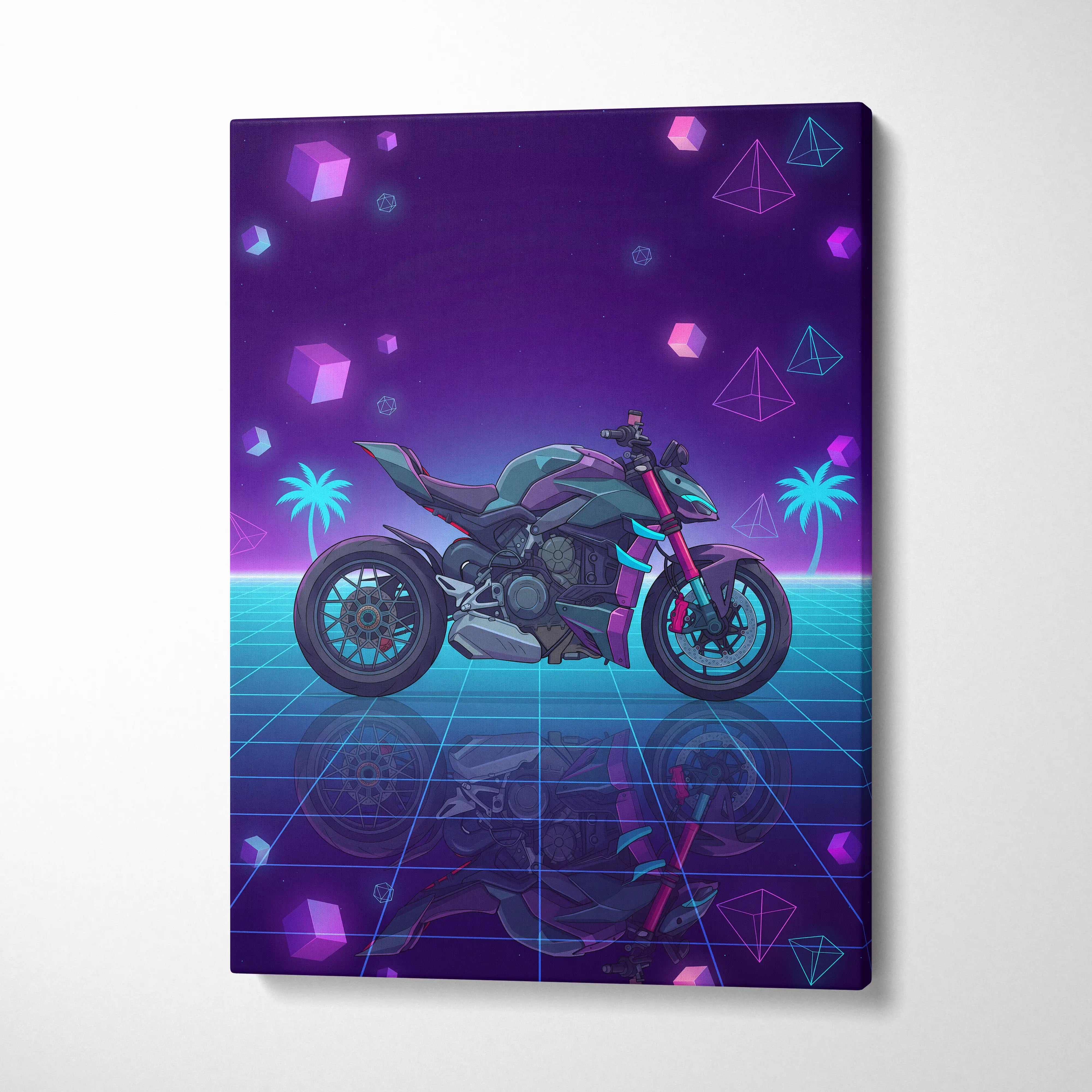 Ducati Streetfighter V4 Inspired Teal Purple Motorcycle Canvas Wall Art Vaporwave Neon Hypernaked Garage Decor Retro Futuristic Artwork