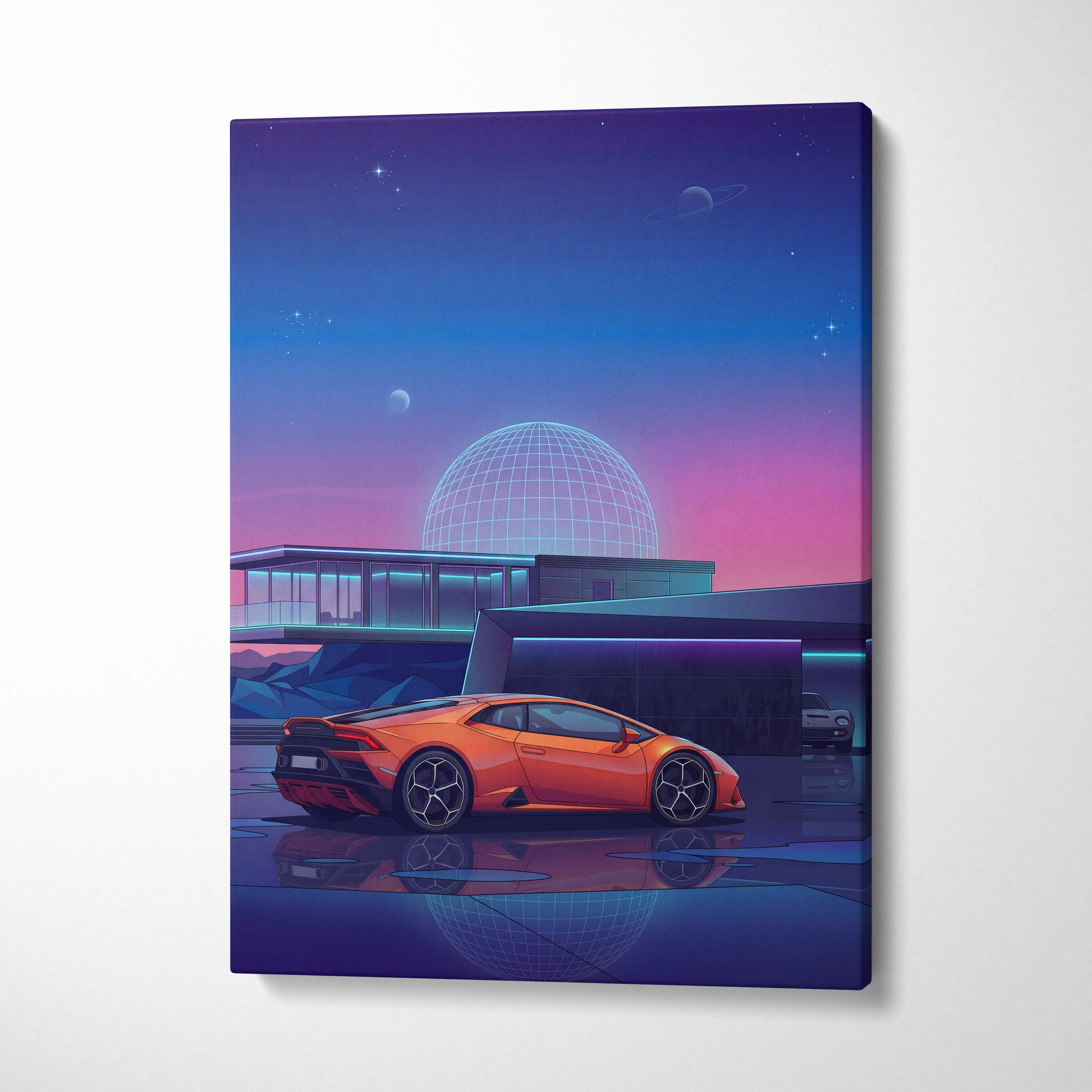 Lamborghini Huracan Inspired Orange Purple Canvas Wall Art Vaporwave Supercar Artwork Neon Observatory Garage Decor Retro Futuristic Night Print