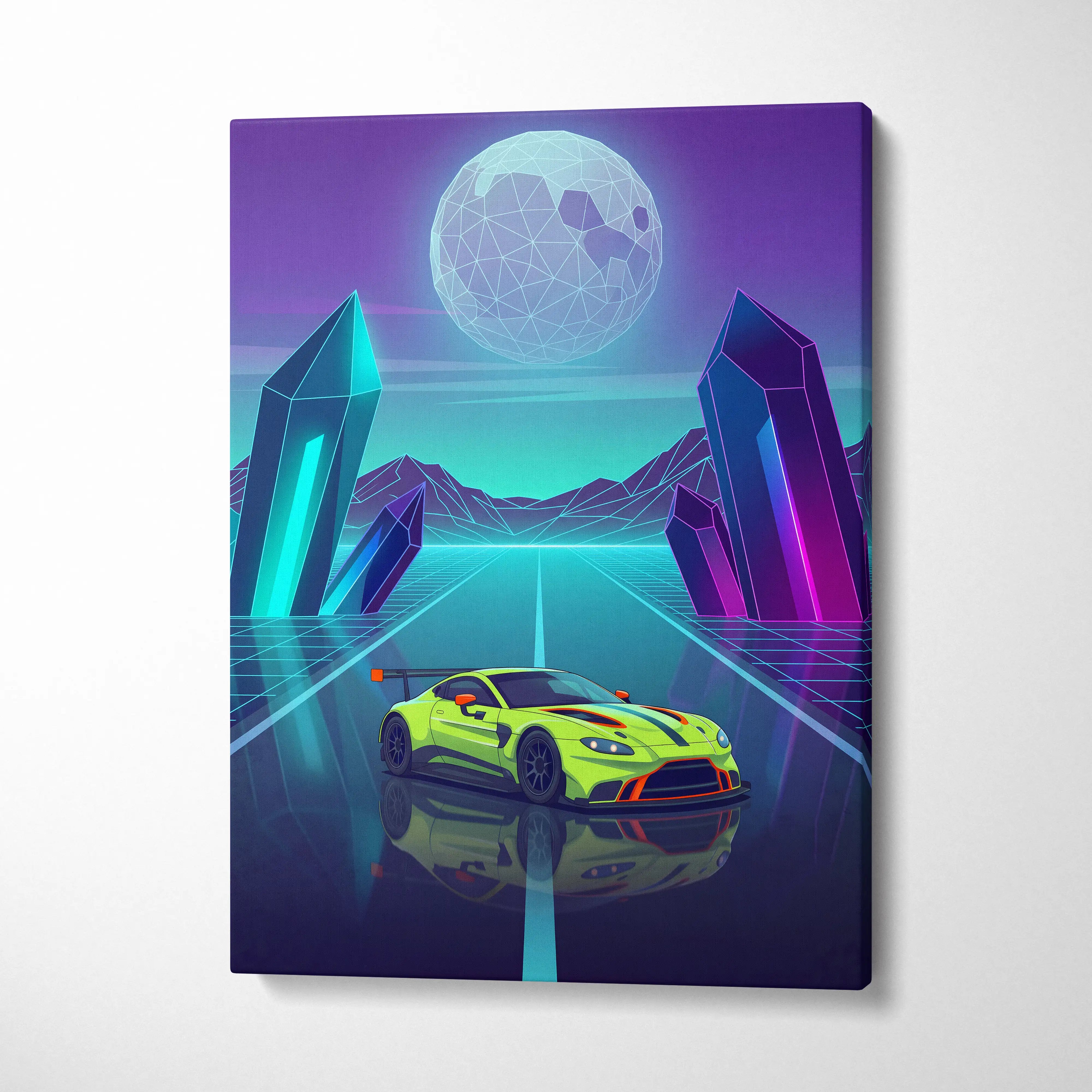 Vibrant lime green aston martin vantage gt3 inspired canvas wall art with black and orange accents in neon cyberpunk style