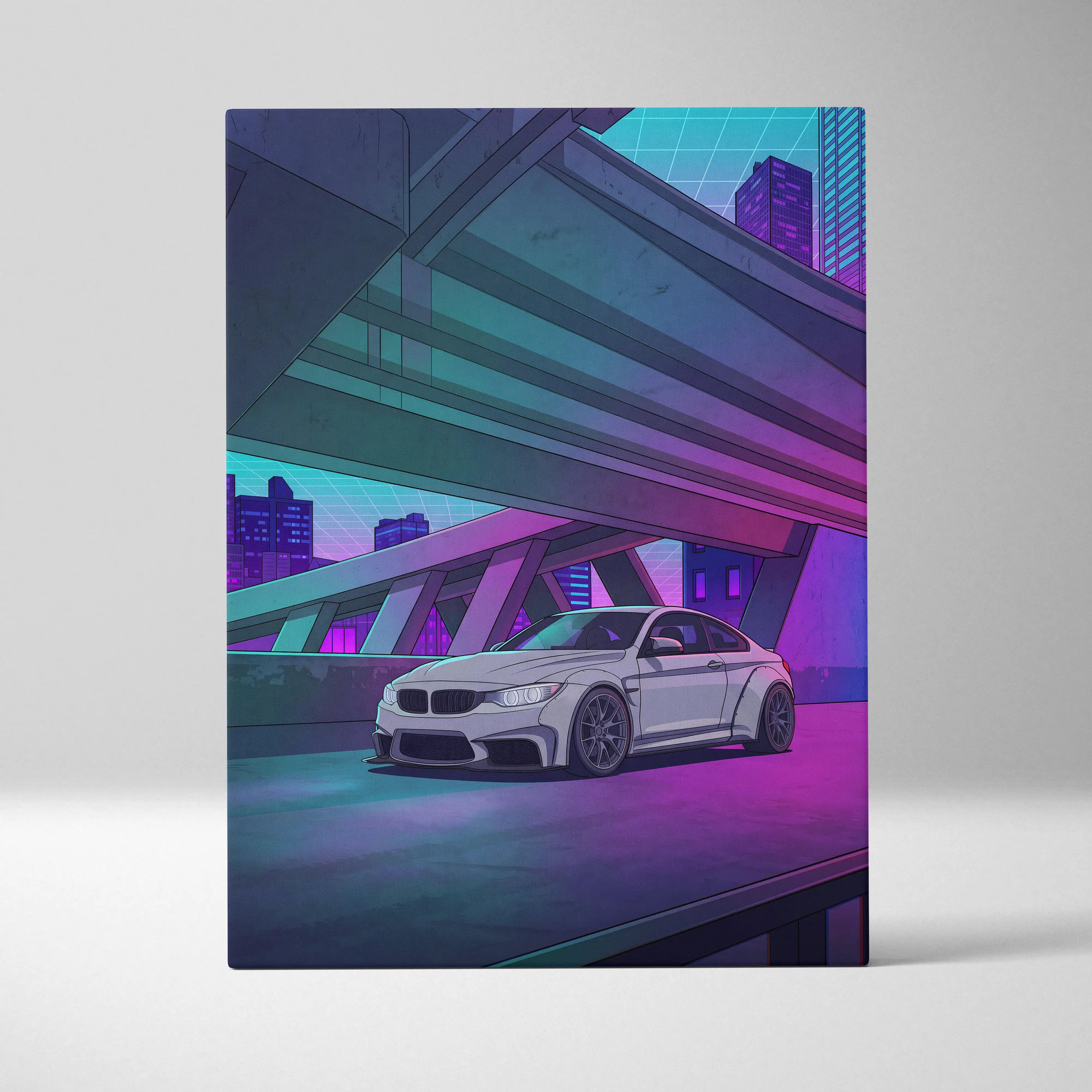 BMW M4 Inspired White Purple Canvas Wall Art Vaporwave Sports Car Artwork Neon Overpass Garage Decor Retro Futuristic City Print