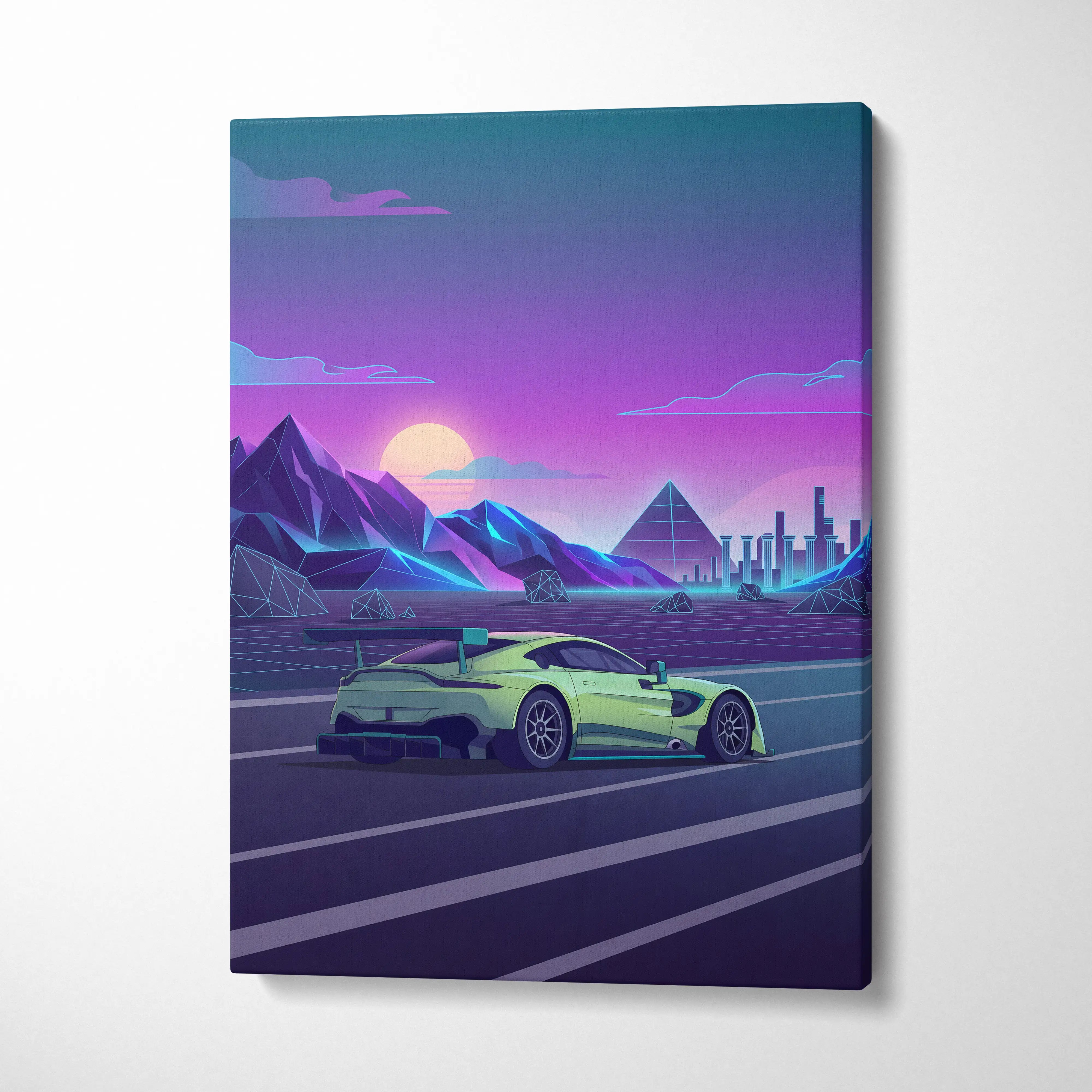 Aston martin vantage gt3 inspired canvas wall art featuring a lime green sports car in a neon retro futuristic landscape