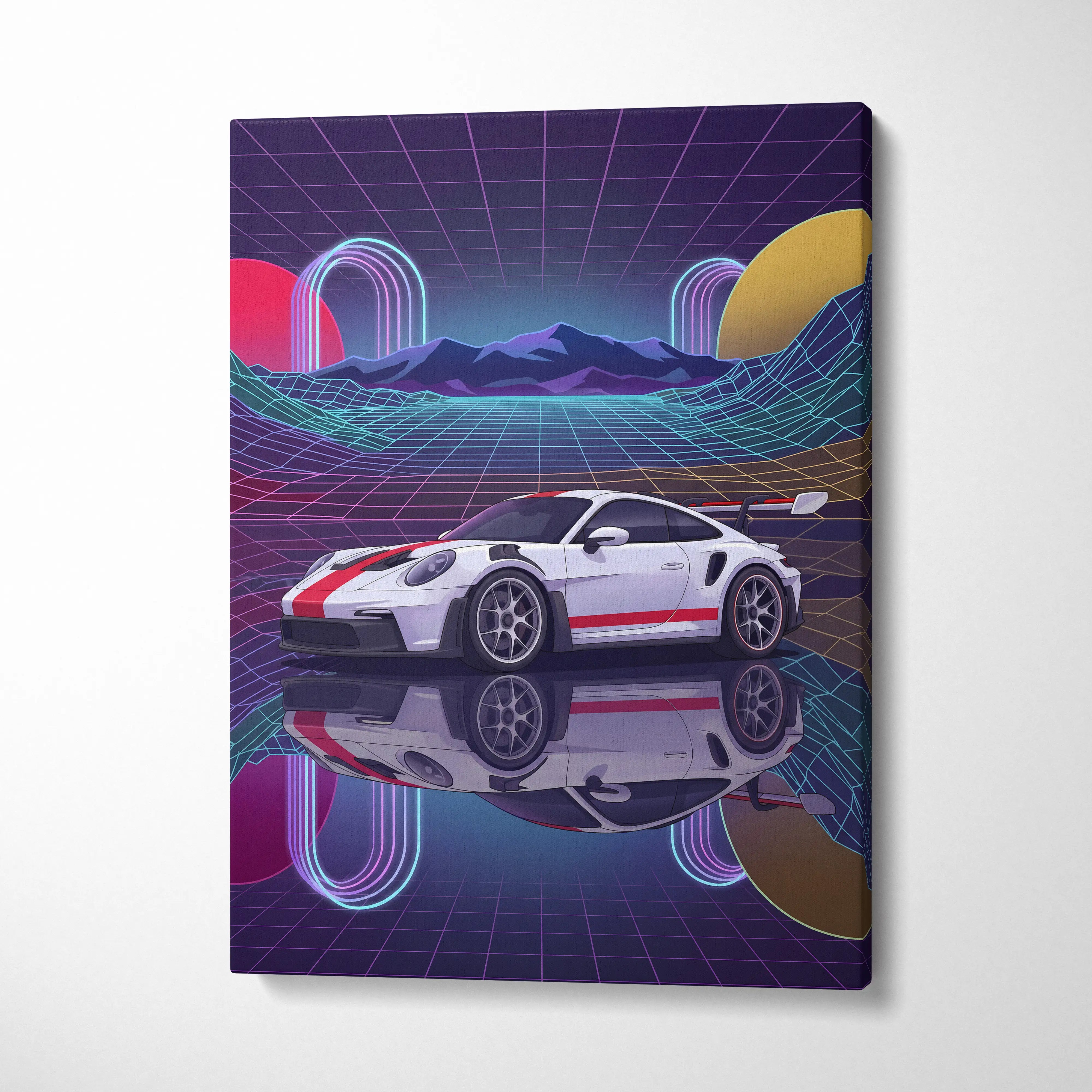 Porsche 911 GT3 RS Inspired White Red Canvas Wall Art Vaporwave Neon Grid Sports Car Artwork, Retro Sunset Garage Decor