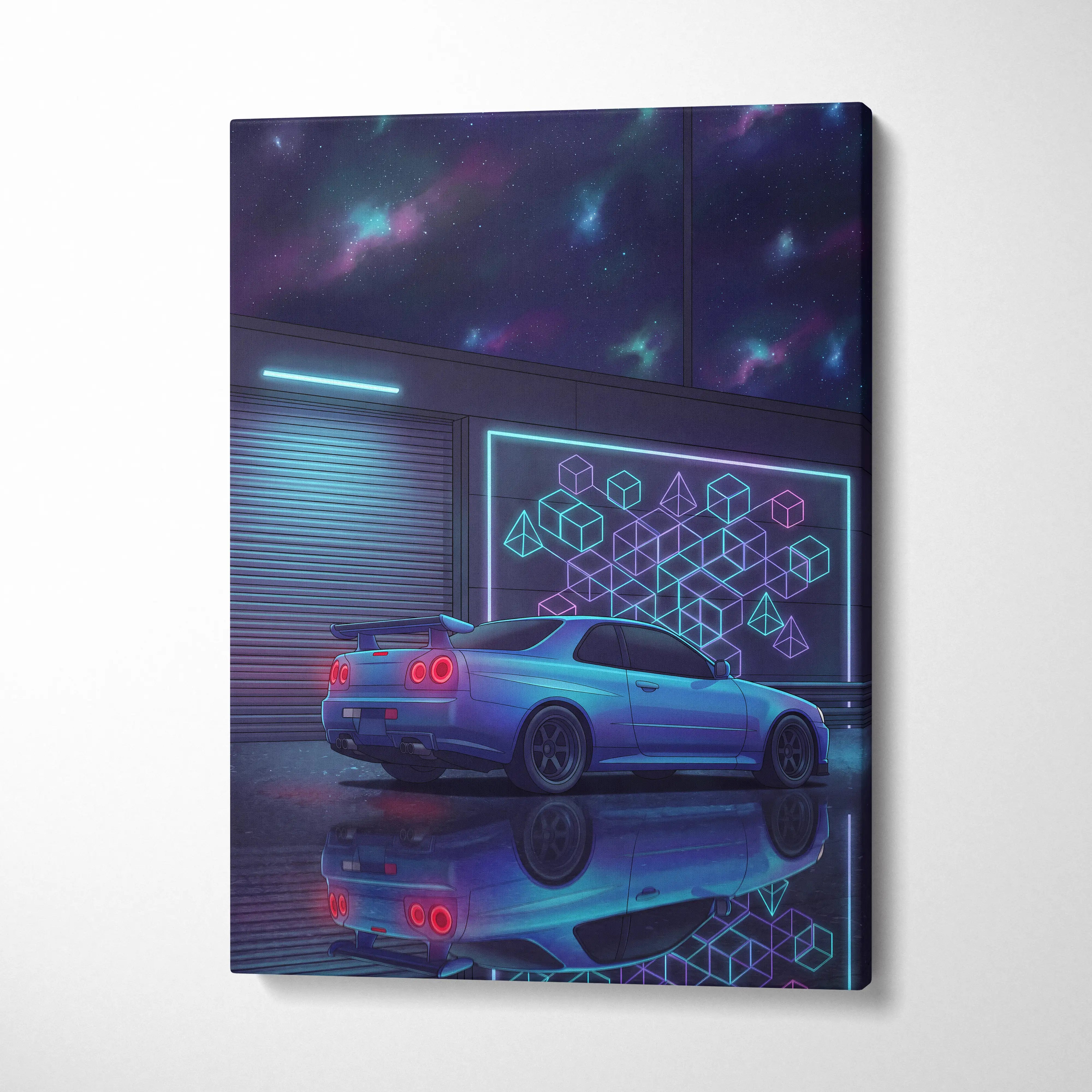 Nissan Skyline GT-R R34 Inspired Blue Purple Canvas Wall Art Vaporwave Neon Garage JDM Car Artwork, Cyberpunk Night Tuner Decor