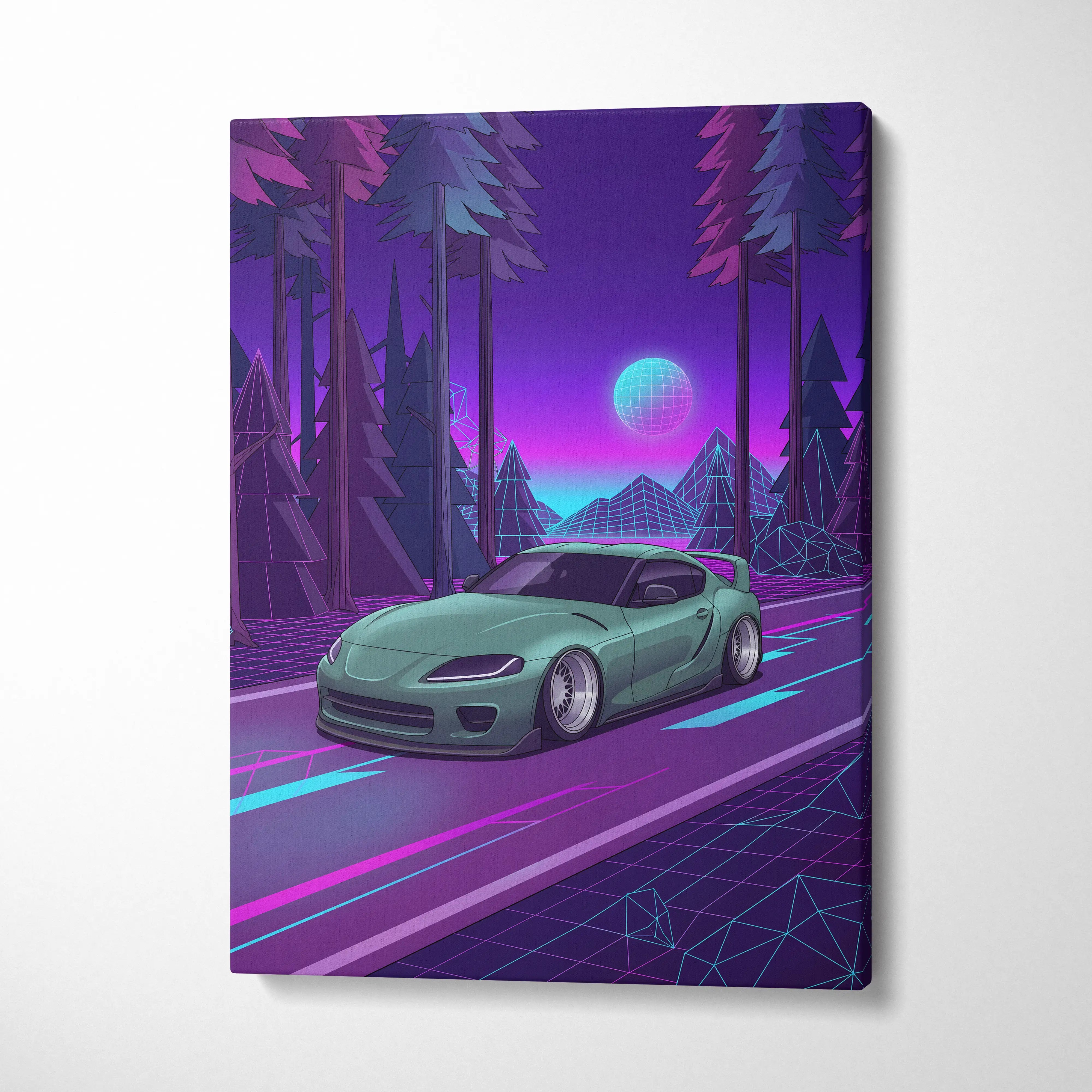 Toyota Supra MK5 Inspired Green Purple Canvas Wall Art Vaporwave Forest Road Car Artwork, Neon JDM Sports Car Garage Decor