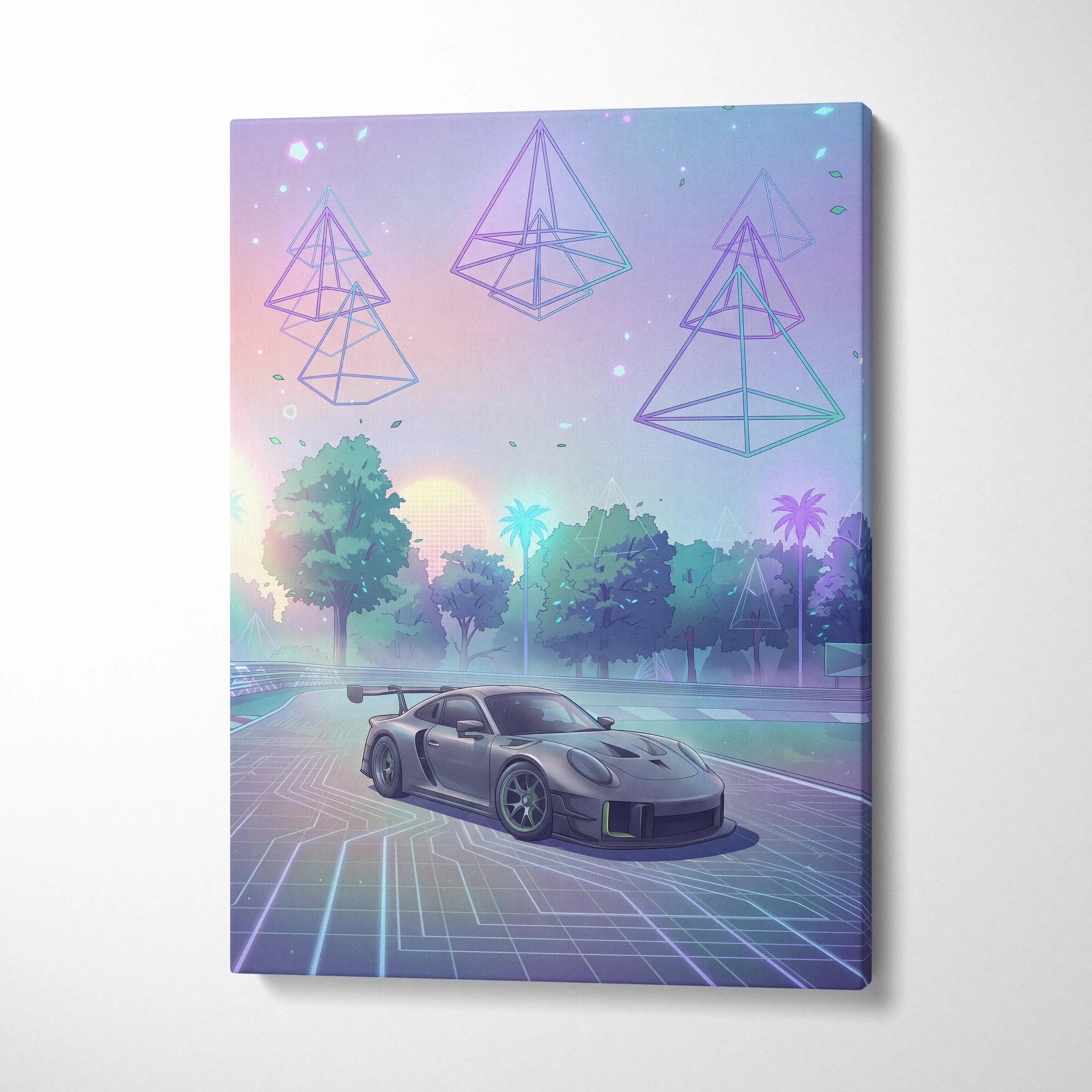 Porsche 911 GT3 RS Inspired Gray Pastel Canvas Wall Art Vaporwave Forest Road Car Artwork, Dreamy Neon Garage Decor