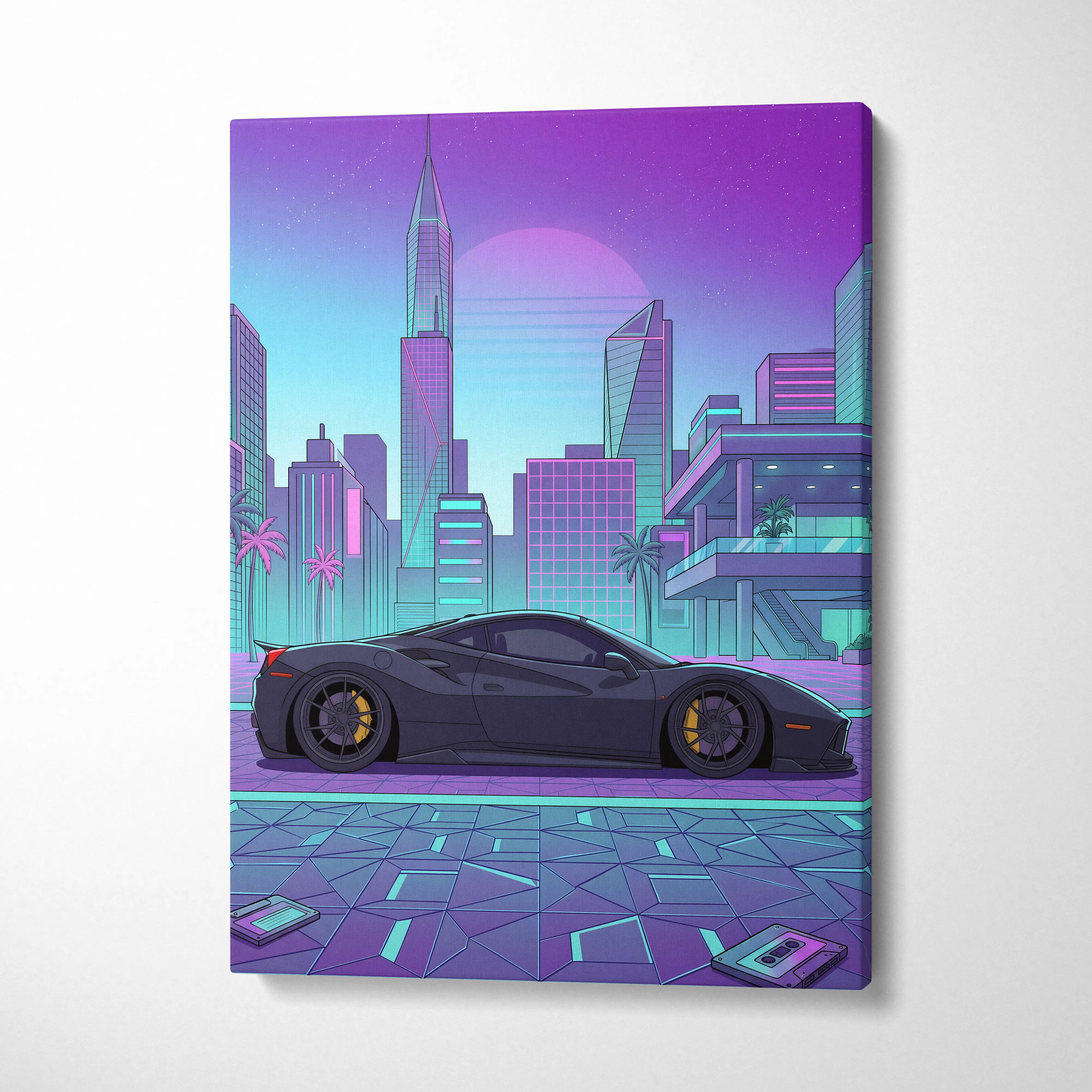 Ferrari 488 GTB Inspired Vaporwave Car Canvas - City Car Neon Pink Purple Teal Living Room Vaporwave Mood Retro Decor Canvas