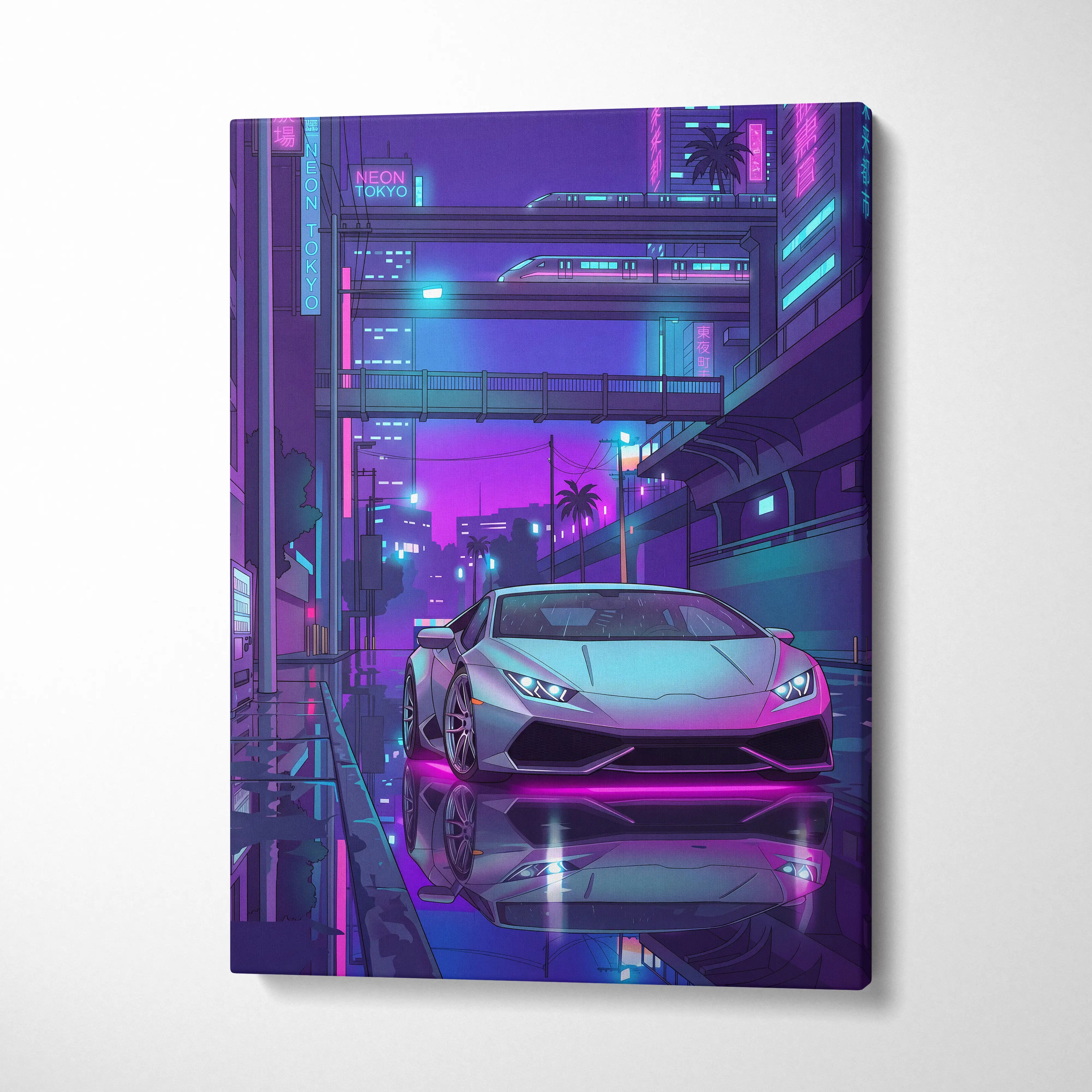 Lamborghini Huracan Inspired White Purple Canvas Wall Art, Vaporwave Tokyo City Artwork, Neon Rain Garage Decor, Retro Futuristic Supercar Print