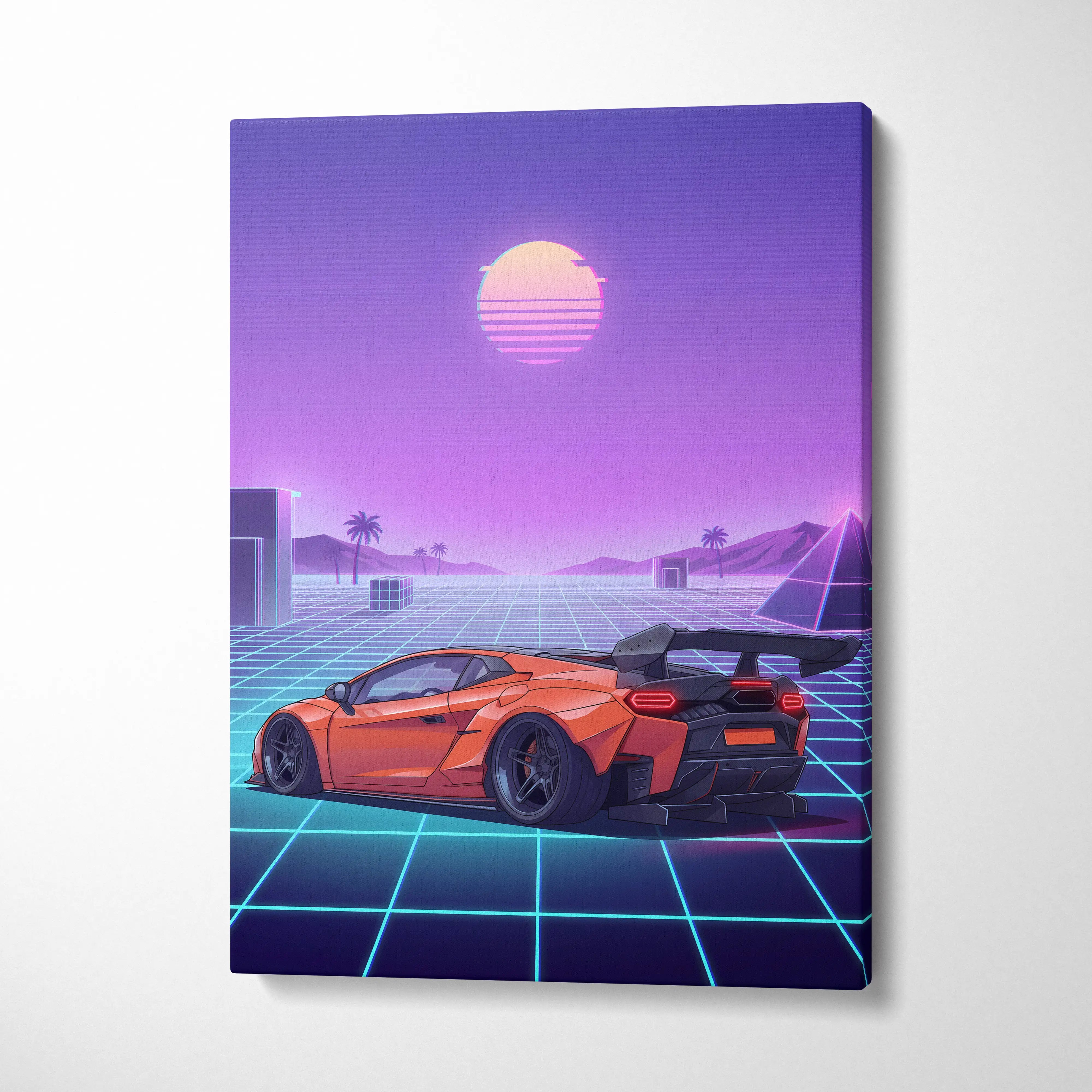 Lamborghini inspired orange purple canvas wall art featuring a vibrant orange sports car with black spoiler and glowing taillights