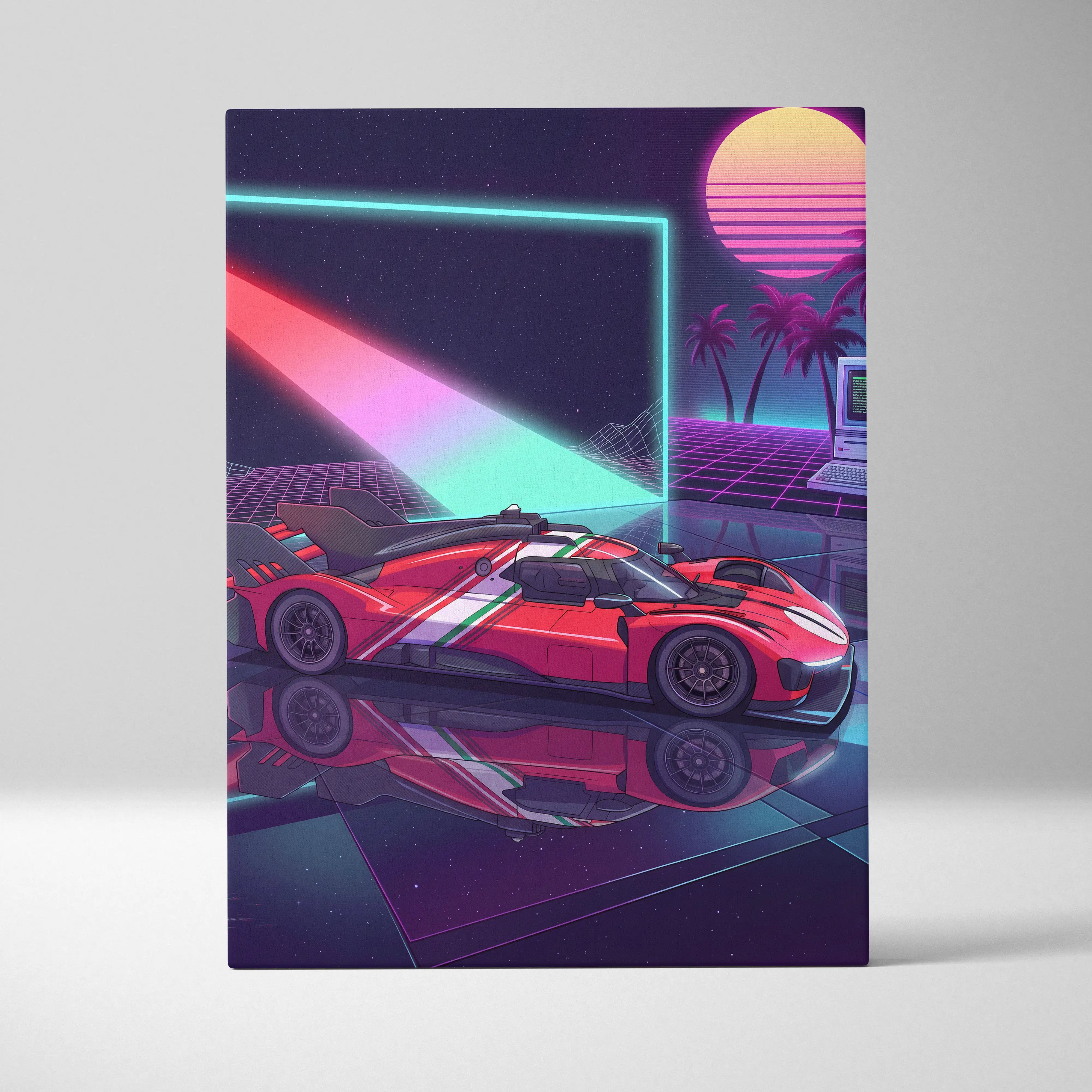 Ferrari 499P Inspired Vaporwave Neon Sunset Canvas - Car Art Neon Pink Teal Purple Living Room Vaporwave
