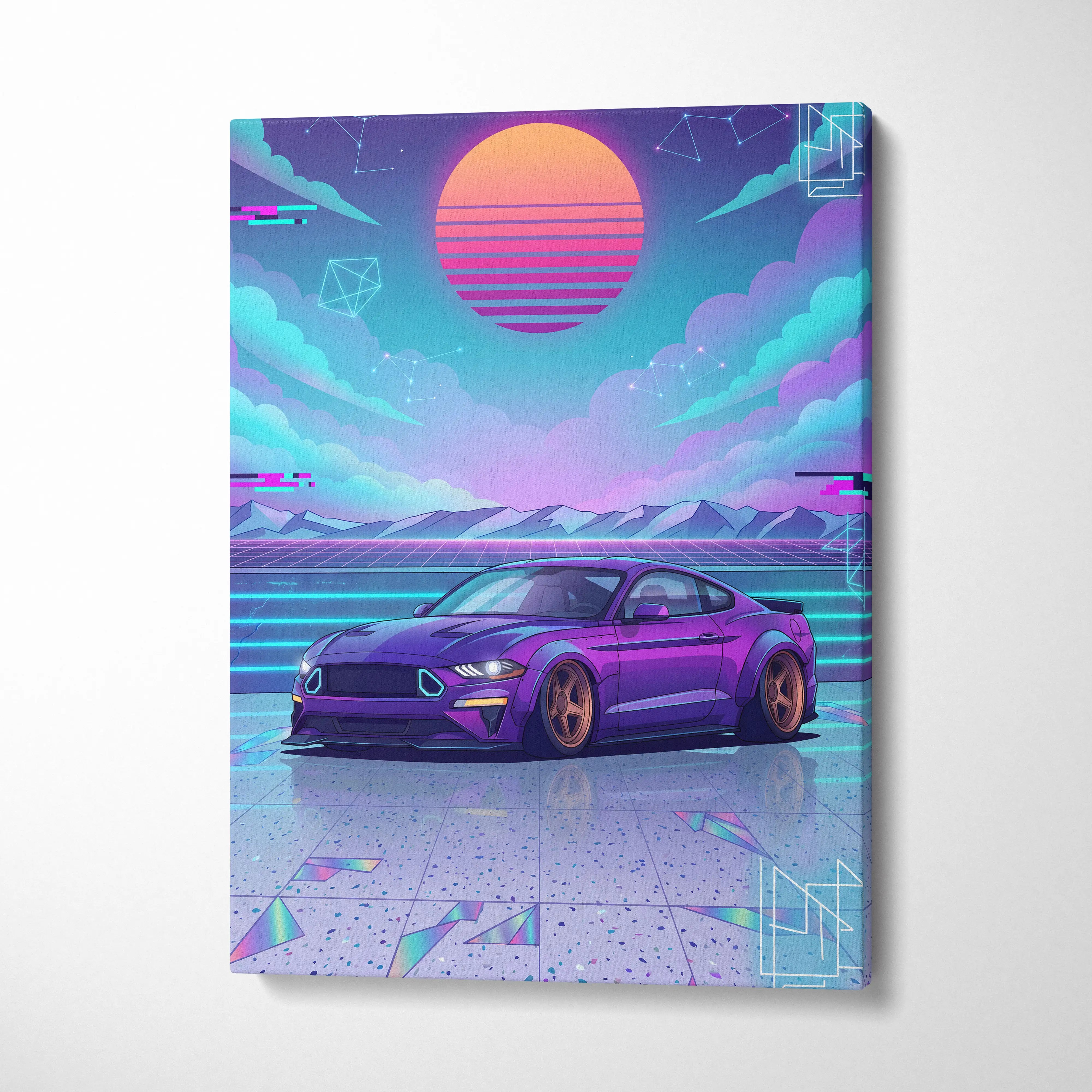 Ford Mustang Inspired Purple Blue Canvas Wall Art Vaporwave Sunset Muscle Car Artwork, Neon Widebody Garage Decor