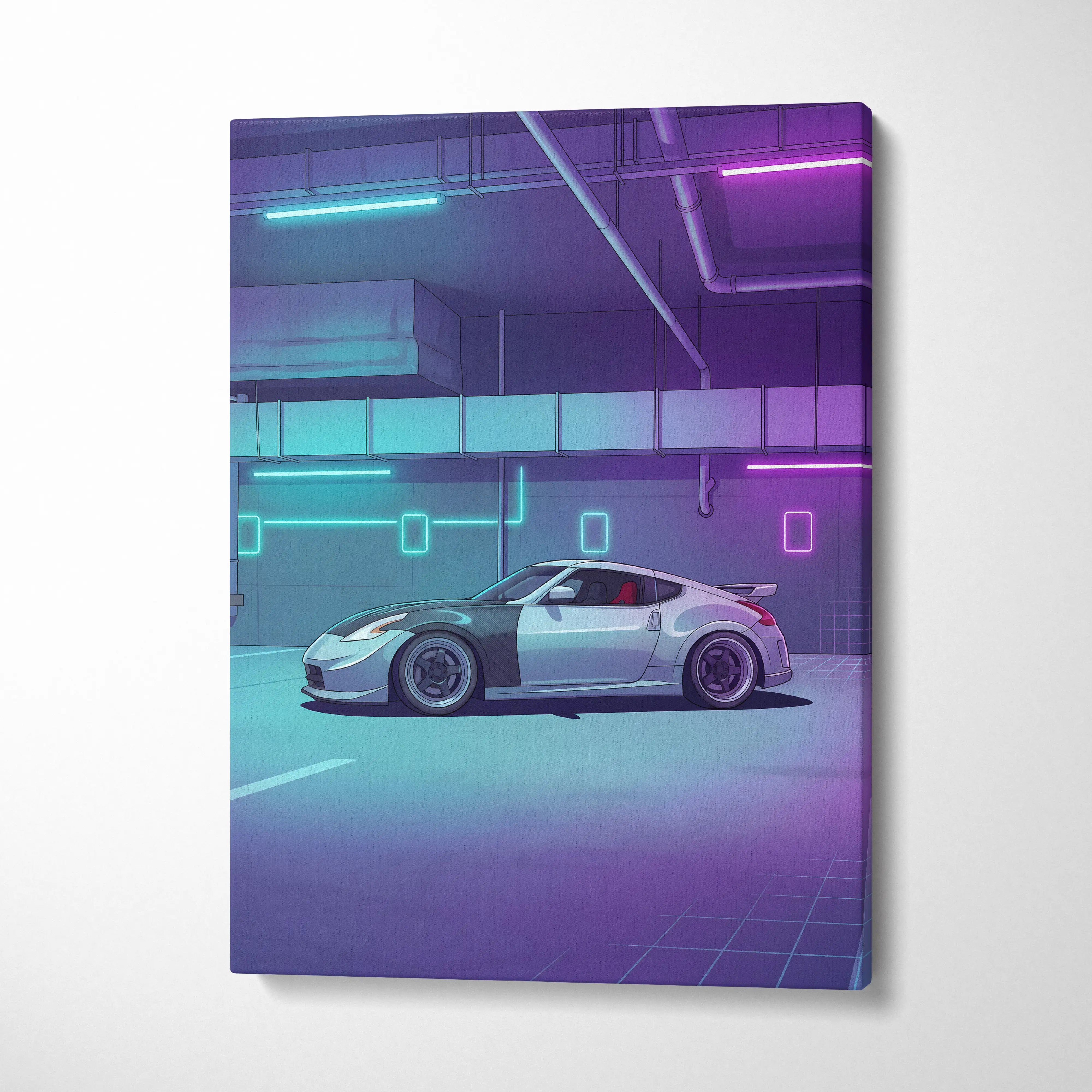 Nissan 370Z Inspired White Purple Canvas Wall Art Vaporwave Neon Garage JDM Car Artwork, Cyberpunk Tuner Decor