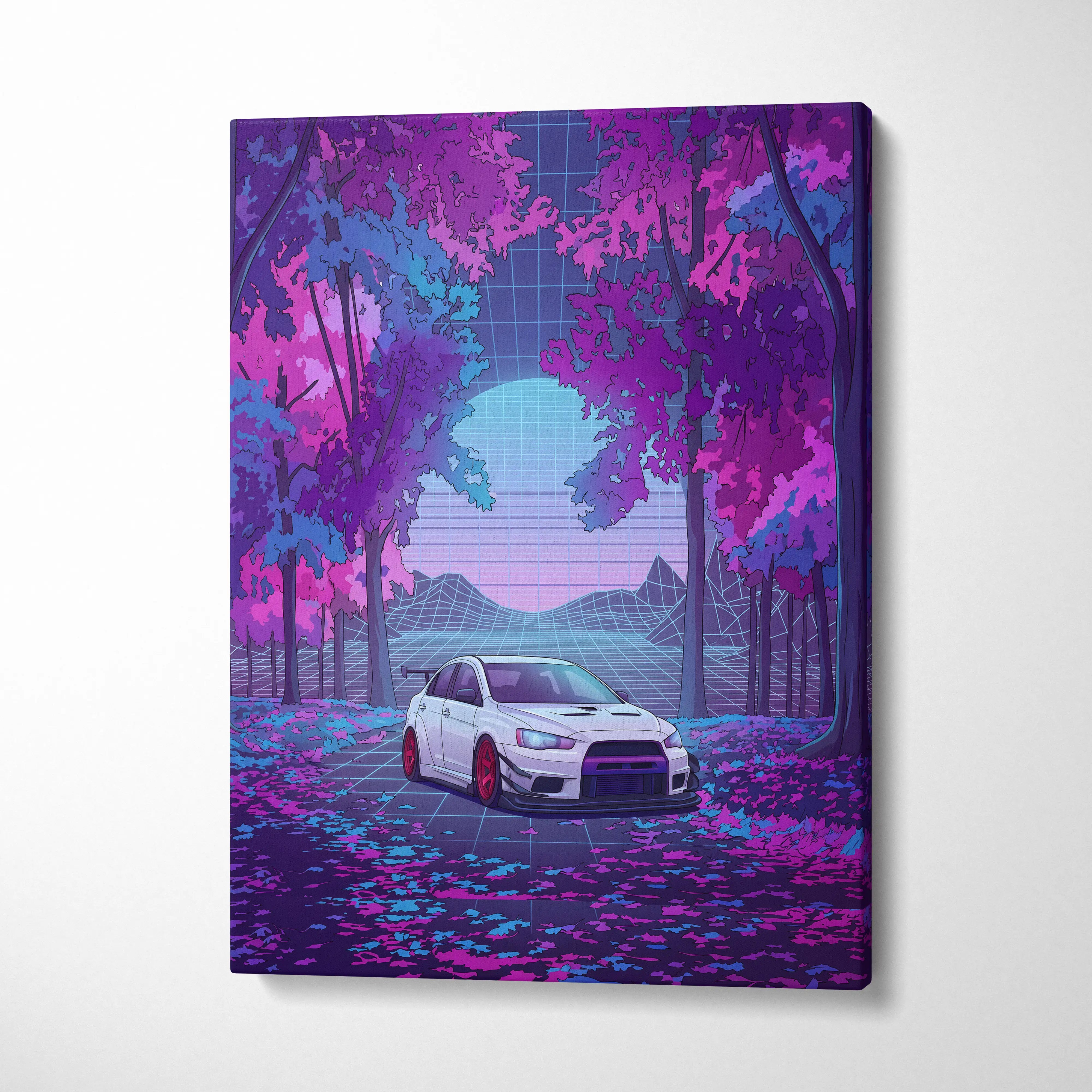 Mitsubishi Lancer Evolution X Inspired White Purple Canvas Wall Art, Vaporwave JDM Artwork, Neon Forest Garage Decor, Retro Futuristic Print